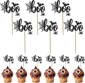 Halloween Cupcake Toppers, Halloween Cake Decorations, Black Glitter Boo Spider Cupcake Toppers, 24 PCS Cupcakes Toppers Picks Food Picks Cake Topper for Halloweens Theme Birthday Party Supplies