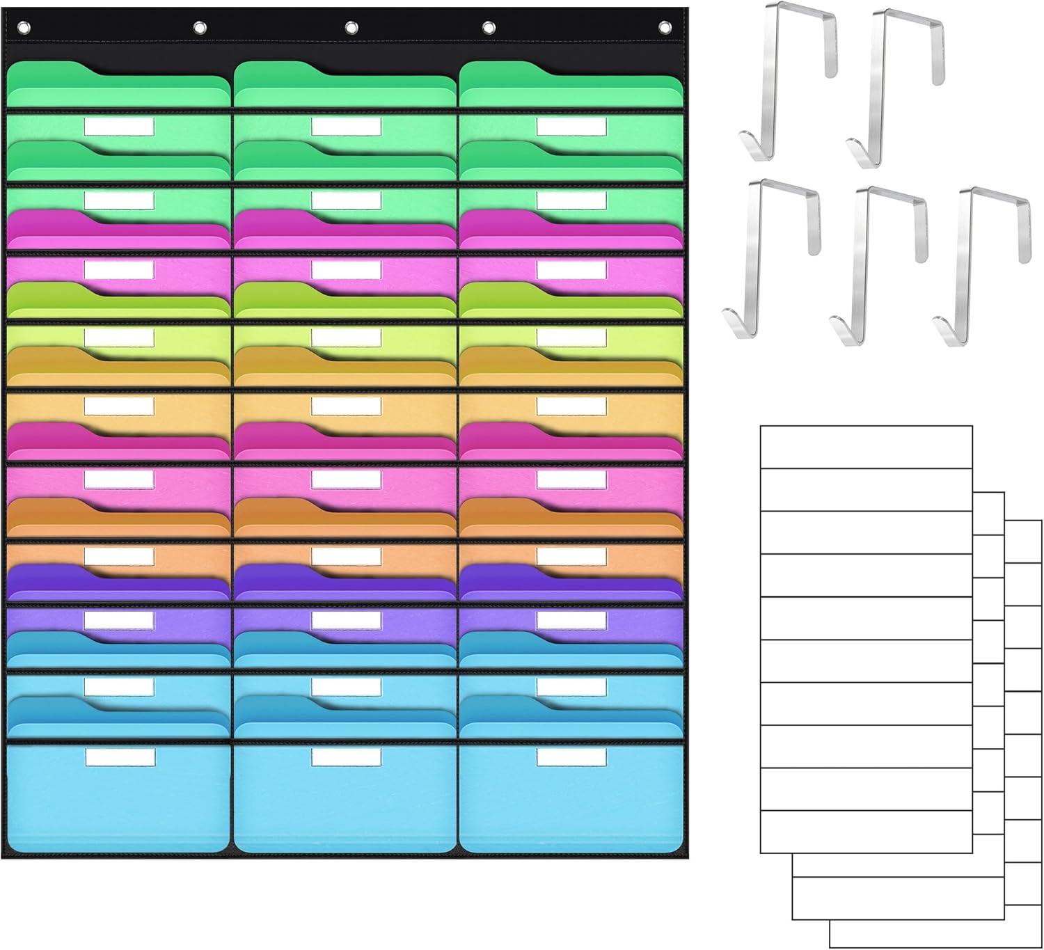 ABCxGOOD 30 Pockets Hanging Wall File Organizer, Transparent Clear Pockets Storage Chart with Over Door Hooks for Office, Classroom & Home, File Folder & Paper Organizer, Includes Labels (30 Pockets)