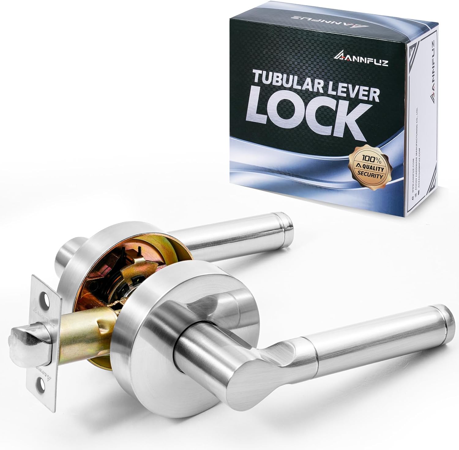 Round Passage Free Rotation Non-Locking Door Handle Lock Without Key,Heavy Duty Interior Keyless Lever for Hallway/Closet,Reversible Left/Right Doorknob,Only Latching Required (Brushed Nickel)