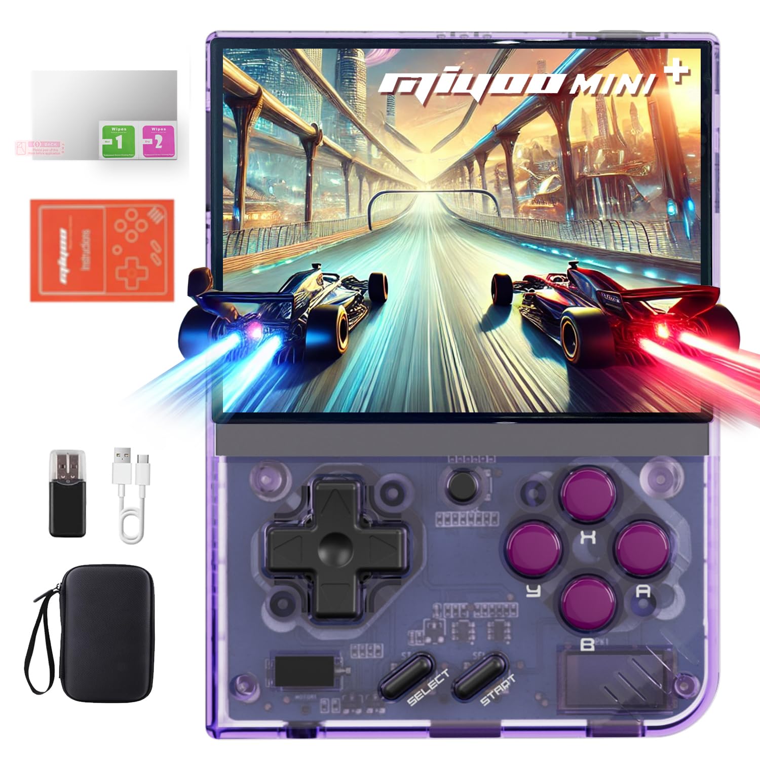 Miyoo Mini Plus Handheld Game Console, 3.5'' IPS Screen, Retro Video Game System, WiFi Hotspot Mode, Protective Case (Purple)