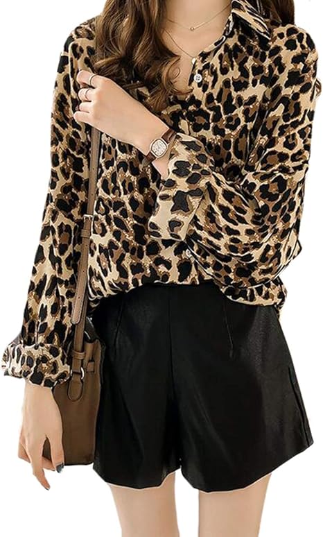 Amazon Piite シャツ レディース 春 夏 ヒョウ柄 ブラウス ゆったり トップス カジュアル ロング丈 シャツ おしゃれ ワイシャツ セクシー 大人 長袖 柔らかい 通気 シンプル 通勤通学 シャツ ブラウス 通販