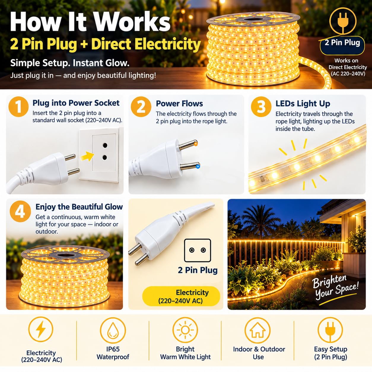 TEQO LED Rope Light - 10M Warm White, Waterproof -8