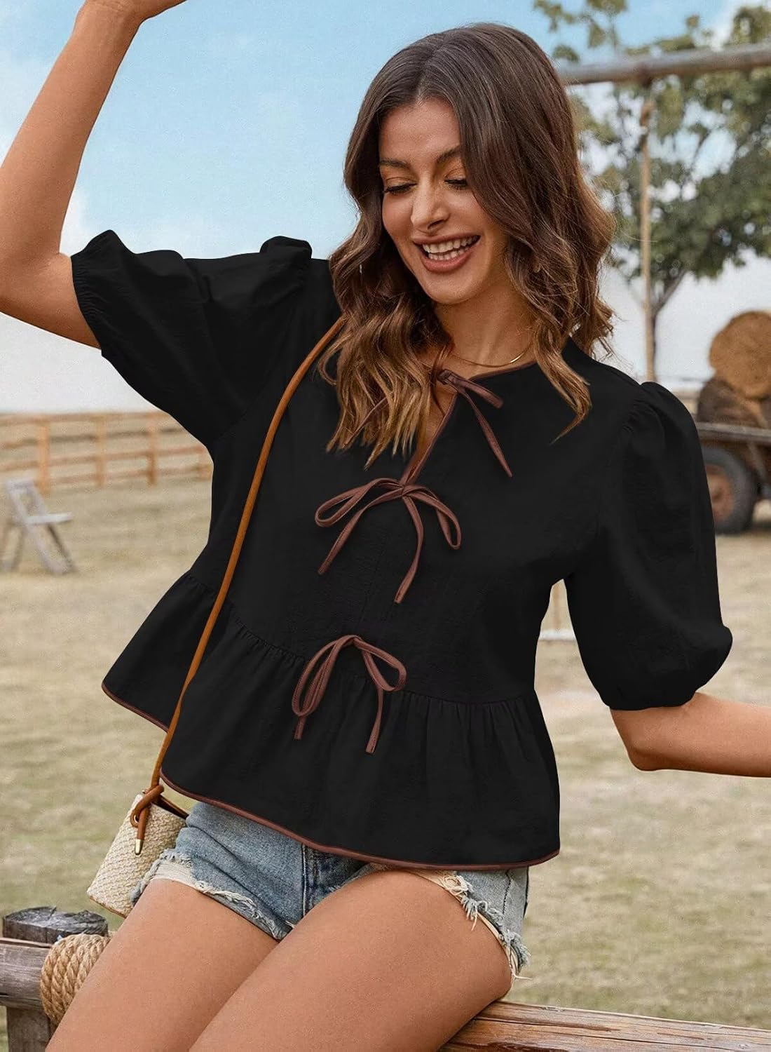 Womens Summer Tops Bowknot Puff Short Sleeve Blouses Dressy Casual Cute Babydoll Flowy Peplum Shirt for Women - Image 2