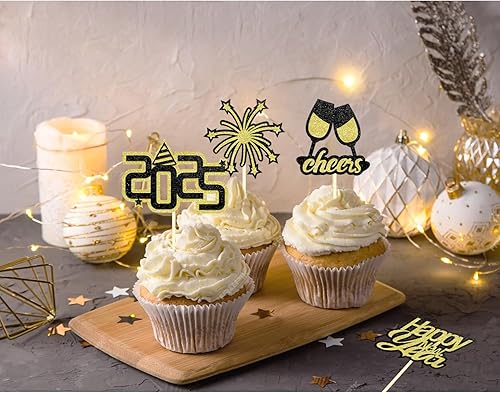 Miniatura 6 de 24 adornos para cupcakes con purpurina para Año Nuevo, decoración para tartas de Año Nuevo 2024 para Año Nuevo, suministros de decoración de fiesta