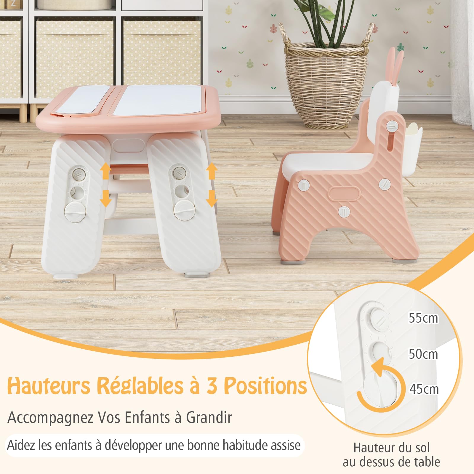 GOPLUS Table Enfant avec Chaise, Table de Dessin avec 2 Plateaux Réversibles, Tableaux Magnétiques, Panier de Rangement, Bureau d'Activités pour Lire, Dessiner, Manger (Rose)