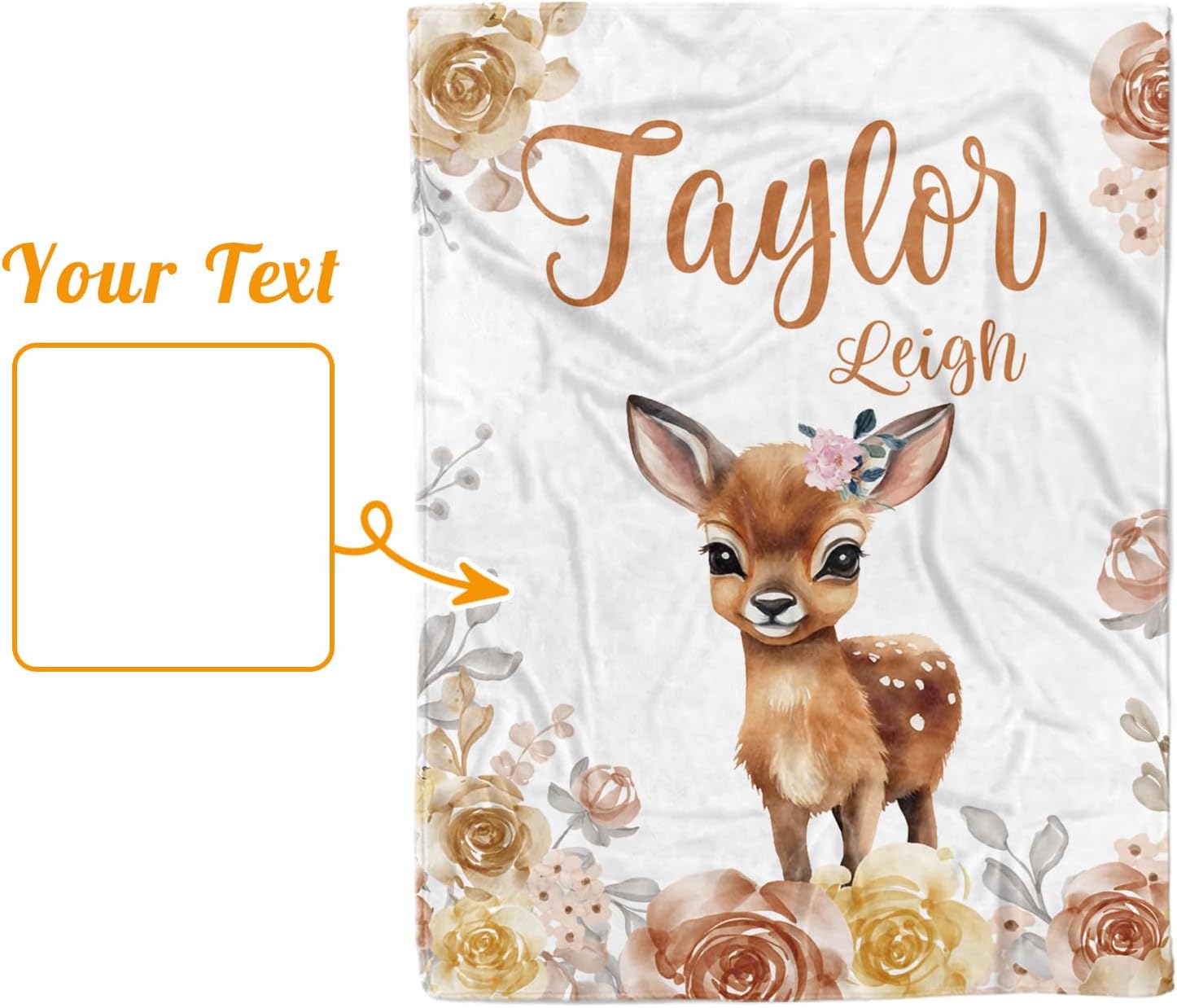 Personalized Baby Blanket - Nursery Bed Blanket for Boy Girl Toddler, Custom Name Infant Bedroom Nursery Decor, Orange Deer(30”x40)