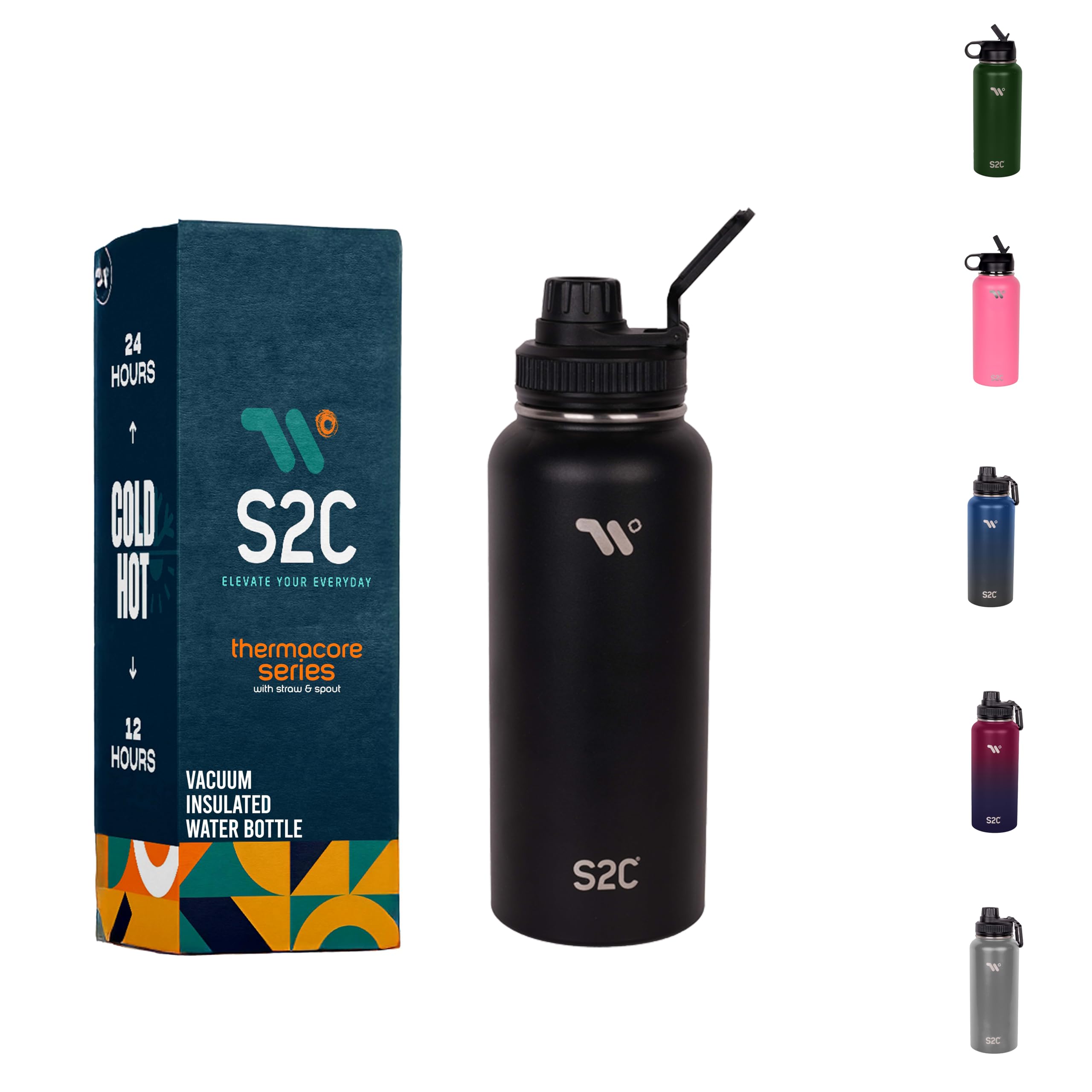 S2C Stainless Steel Water Bottle 1L,32oz Double Wall Vacuum Insulated Water Bottle, BPA Free for Kids School with Spout Lid - Thermos Water Flask for Hot Water (BLACK)