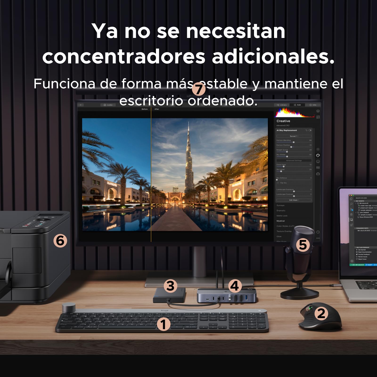 UGREEN Switch USB 5Gbps KVM Conmutador 2 PC Entradas Comparten 7 Salidas Periféricos USB para Teclado Ratón Disco Duro Impresora Escáner Micrófono con 2 Adaptadores USBC y Alimentación DC 12V 2A