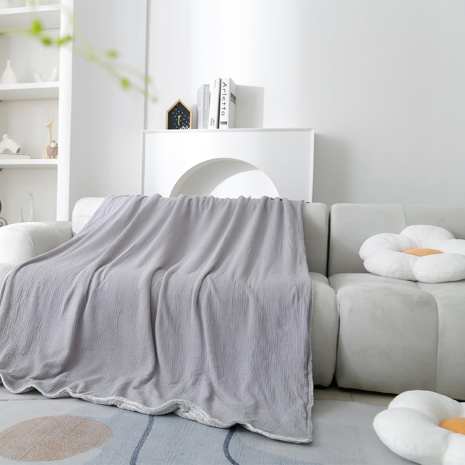 Coperta in mussola di cotone con flanella per letto, coperta in mussola super morbida con accogliente flanella per adulti, 140 x 183 cm, grigia.