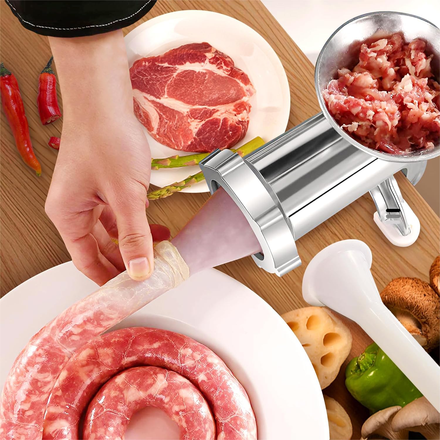 Molinillo manual multifuncional de acero inoxidable con manivela – Picadora de carne de alta resistencia, embutidora de salchichas, picadora de verduras y mezclador | Fácil de limpiar, piezas