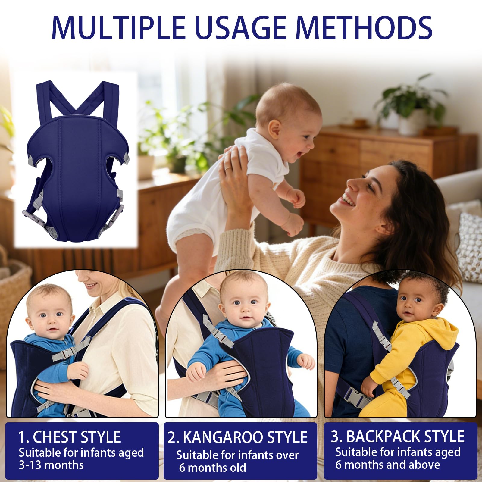 Mochila Portabebés para Bebe,Portabebés Recién bebé Pequeños,Mochila Portabebé Multifunción Para 3.5-15 Kg Recién Nacidos y Bebés (Azul marino)