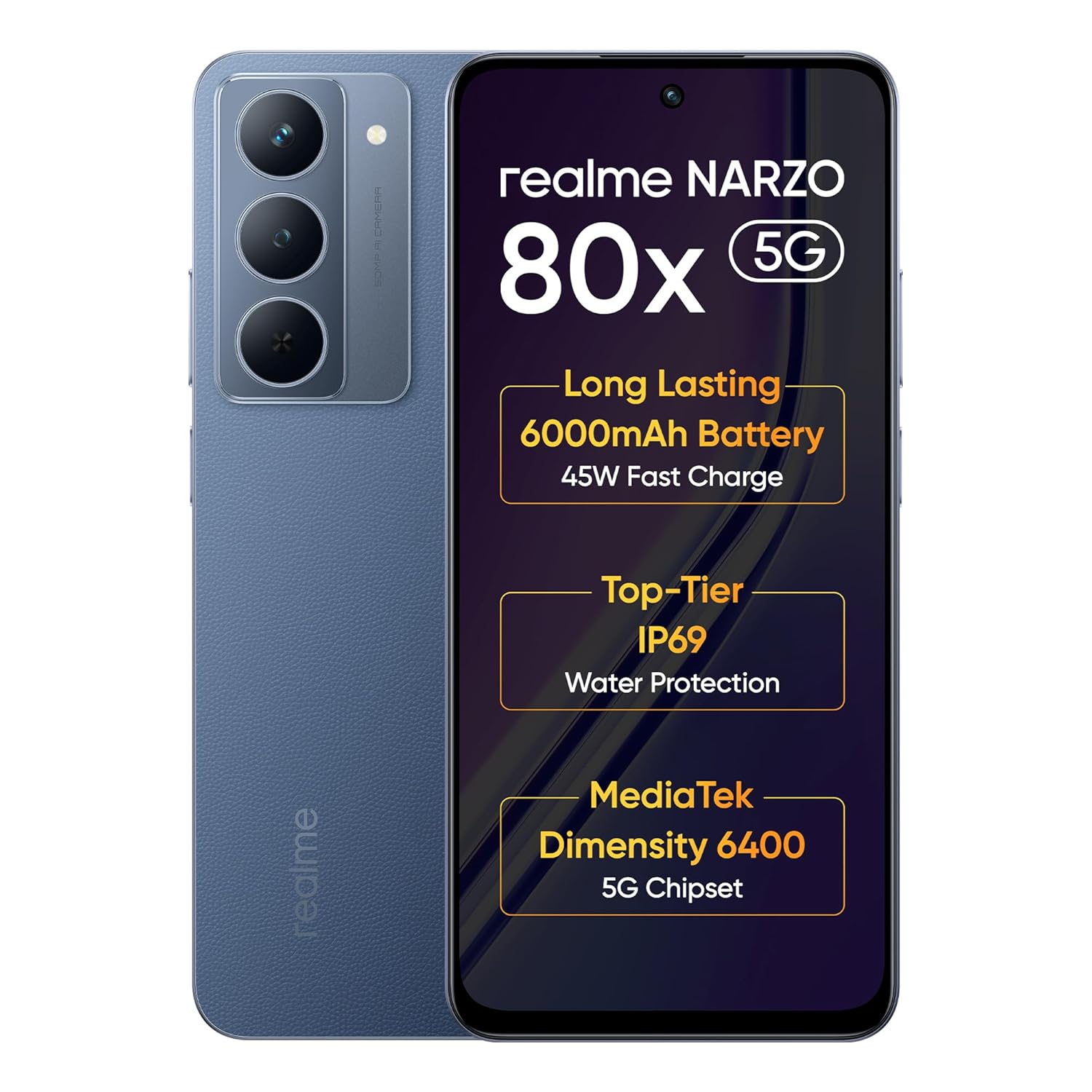 realme NARZO 80x 5G (Midnight Blue, 6GB+128GB) | Dimensity 6400 5G Chipset | 6000mAh Long-Lasting Battery | 45W Fast Charge | 120Hz Eye Comfort Display | IP69 Top-Tier Waterproof realme NARZO 80x 5G (Midnight Blue, 6GB+128GB) | Dimensity 6400 5G Chipset | 6000mAh Long-Lasting Battery | 45W Fast Charge | 120Hz Eye Comfort Display | IP69 Top-Tier Waterproof
