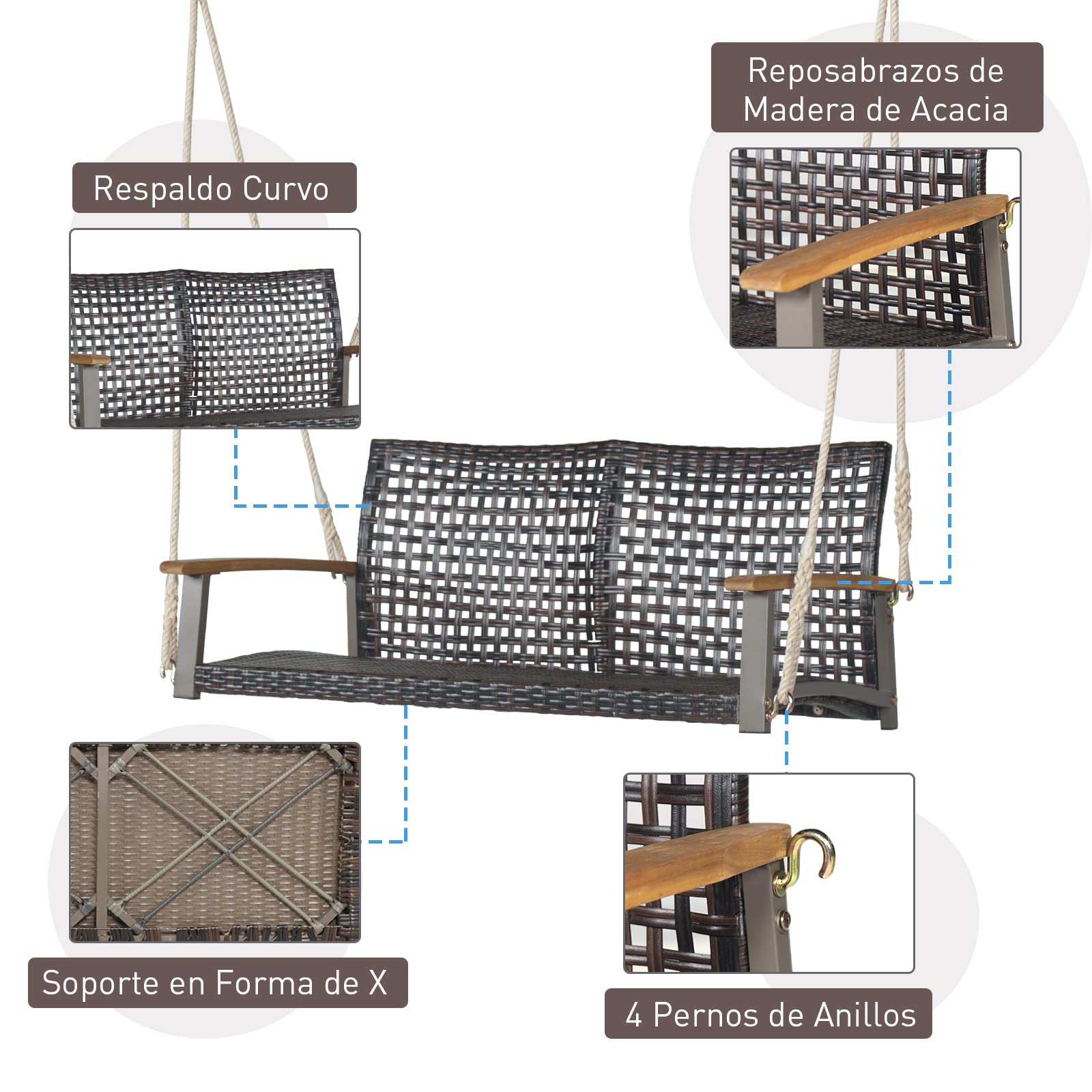 COSTWAY Banco Columpio de Exterior con 2 Asientos de Ratán PE, Respaldo Curvado y Reposabrazos de Madera de Acacia, Carga 360 kg para Pórtico Veranda Patio Jardín (sin cojin)