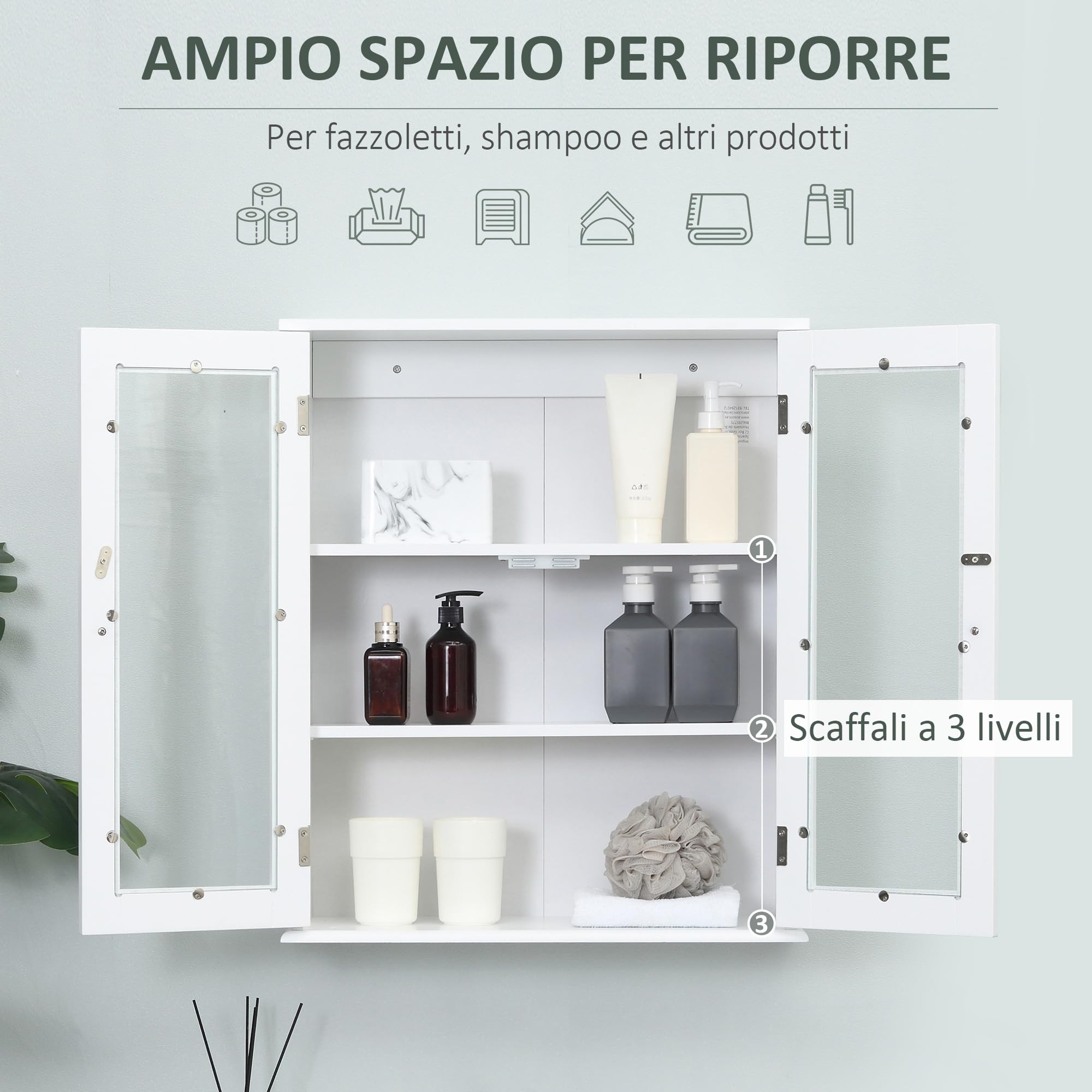 kleankin Armadietto Pensile Bagno 2 Ante Legno e Vetro 55x20x65 cm Bianco