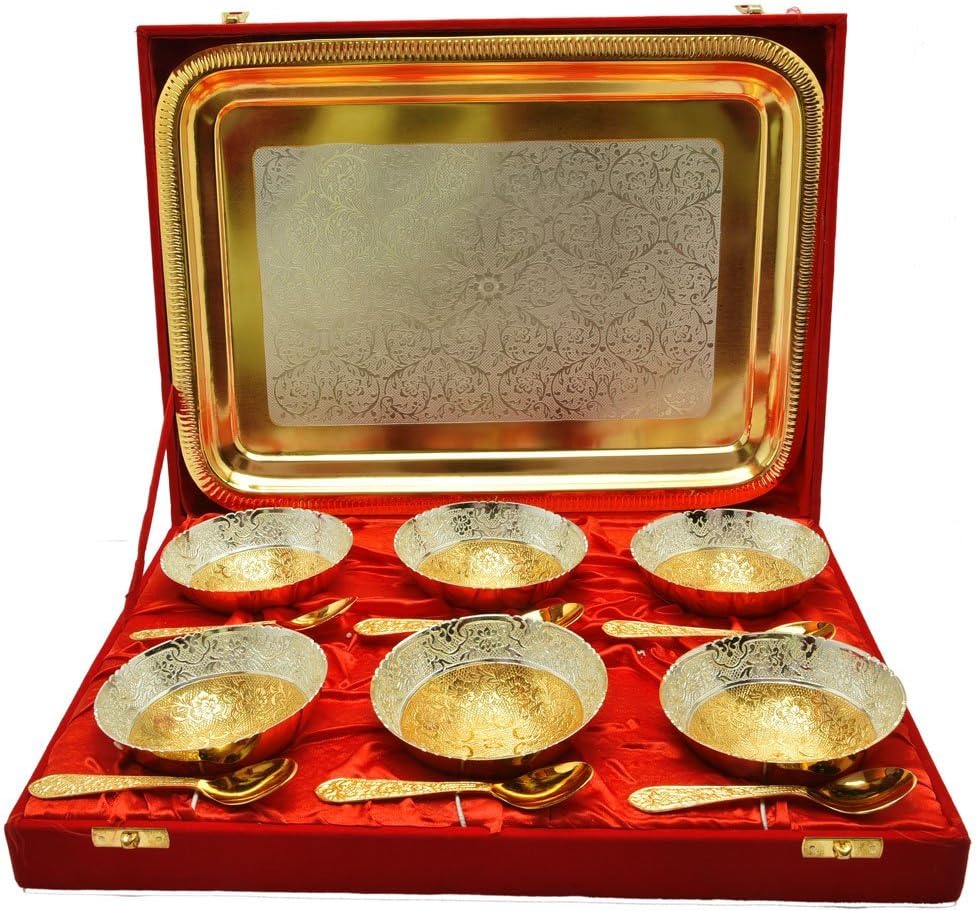 R Ayurveda Copper Silver and Gold Plated Bowl Spoon with Plate Set of 13 Pcs, 100 ml