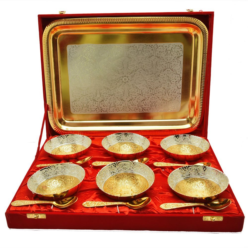 R Ayurveda Copper Silver and Gold Plated Bowl Spoon with Plate Set of 13 Pcs, 100 ml