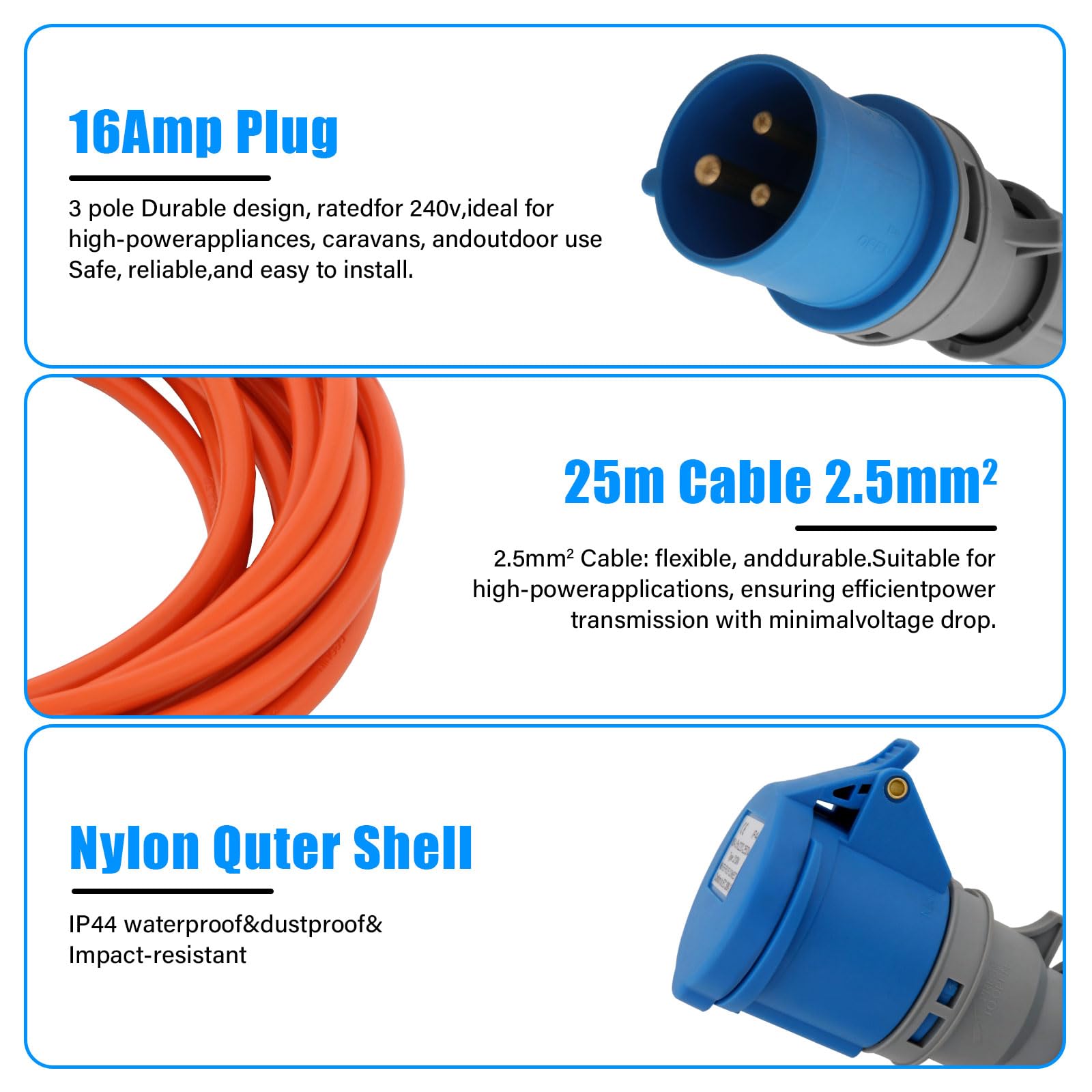 25m CEE Verlängerungskabel 16A, 240V Camping Kabel Orange, IP44 Außenbereich Stromkabel mit CEE Stecker, Robustes Wohnwagen Verlängerungskabel für Camping, Caravan und Outdoor