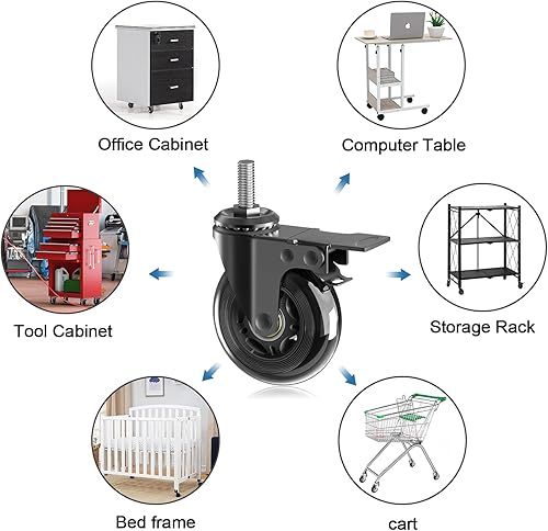 Miniatura 6 de Ruedas giratorias de 3 pulgadas con bloqueo doble de seguridad, vástago roscado resistente de 38 a 16 x 1 pulgada, ruedas de goma giratorias sin