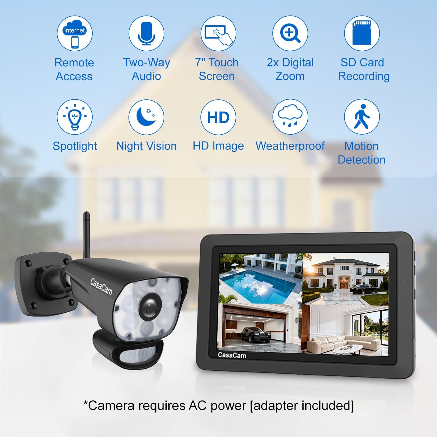 CasaCam GuardianCam Air | 7" Touchscreen Monitor with 2 Spotlight HD Cameras | Wireless Security Camera System, AC Powered, Two-Way Audio, Free APP, SD Card and Battery Installed, Model VS1002