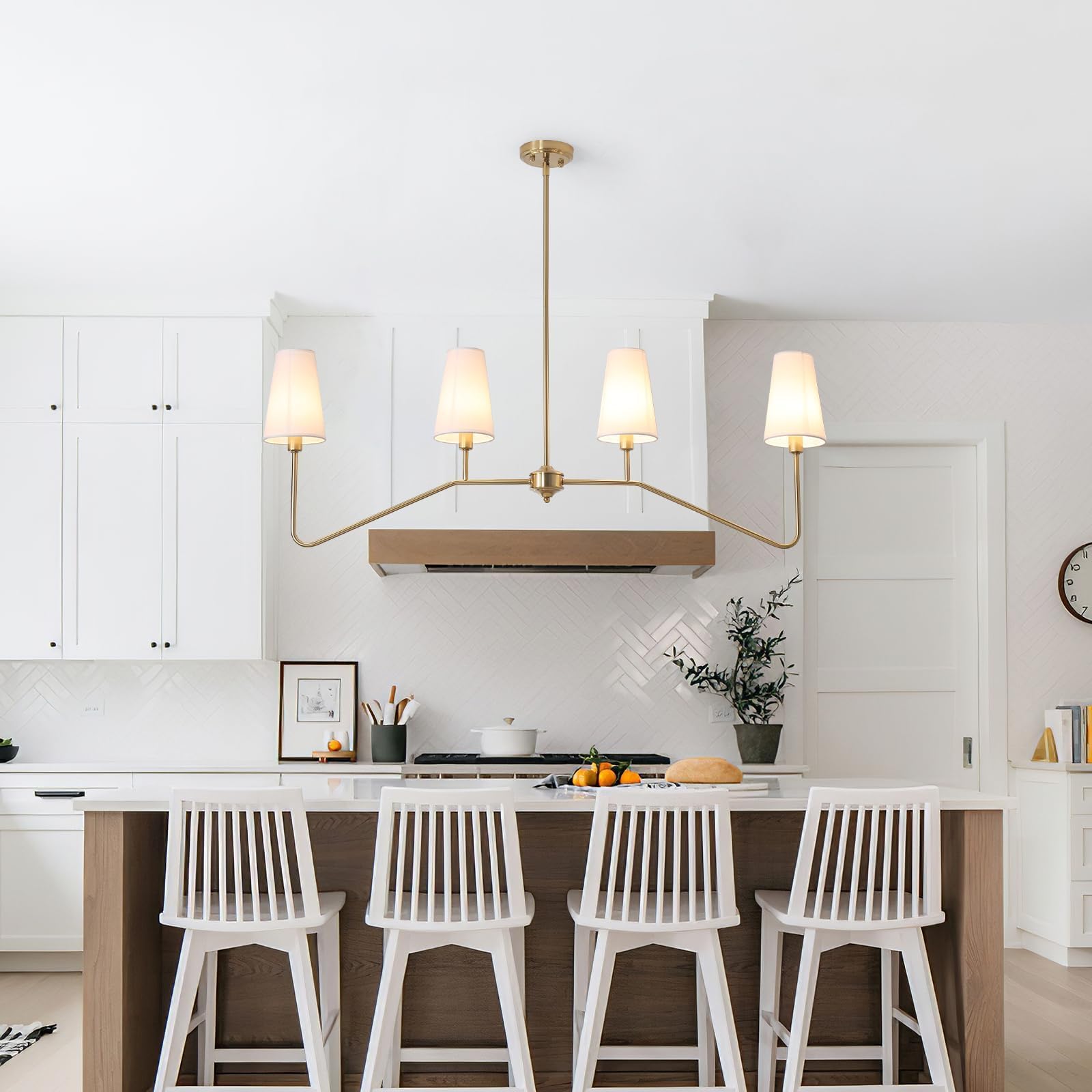 Lampadario Cucina,120Cm Oro Lampadari Camera Da Letto Classic Lineare A 4 Luci Lamp Soggiorno Con Paralume Bianco E14 A Sospensione Per Cameretta