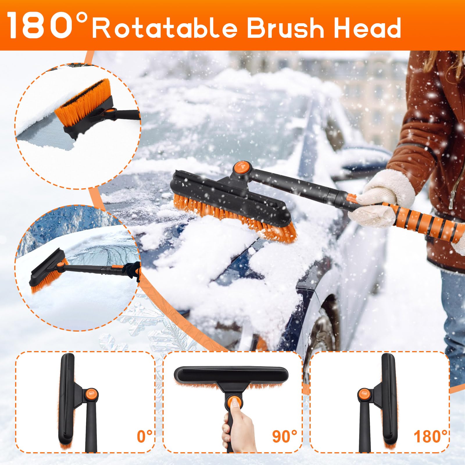 JNUYISW Ice Scraper for Car Windscreen 5-in-1 Detachable Telescopic Snow Shovel 180° Rotatable Snow Brush with Ergonomic Foam Grip Portable Car Winter Kit for Cars Trucks - Image 3