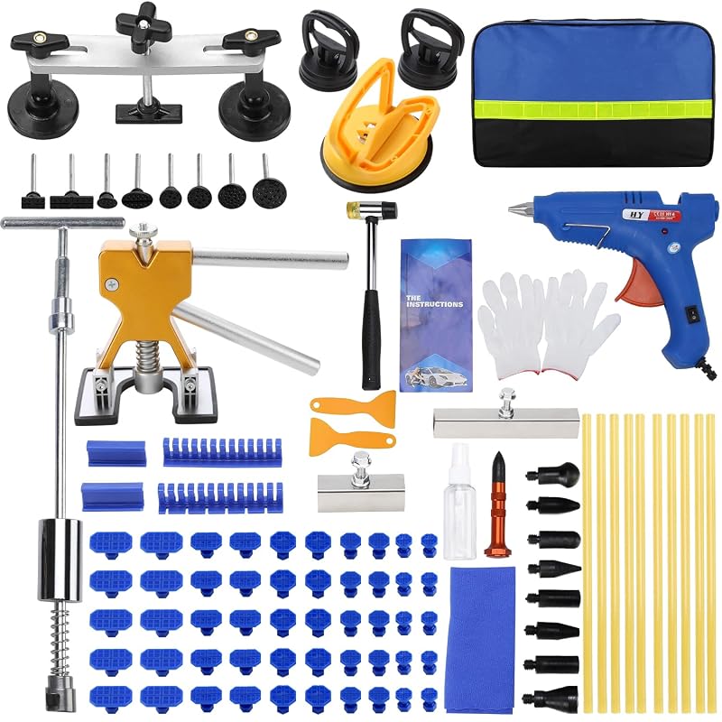Kit com 97 peças para remoção de amassados automotivos ROADGIVE com extrator dourado, martelo deslizante, extrator de ponte, ventosas e pistola de cola
