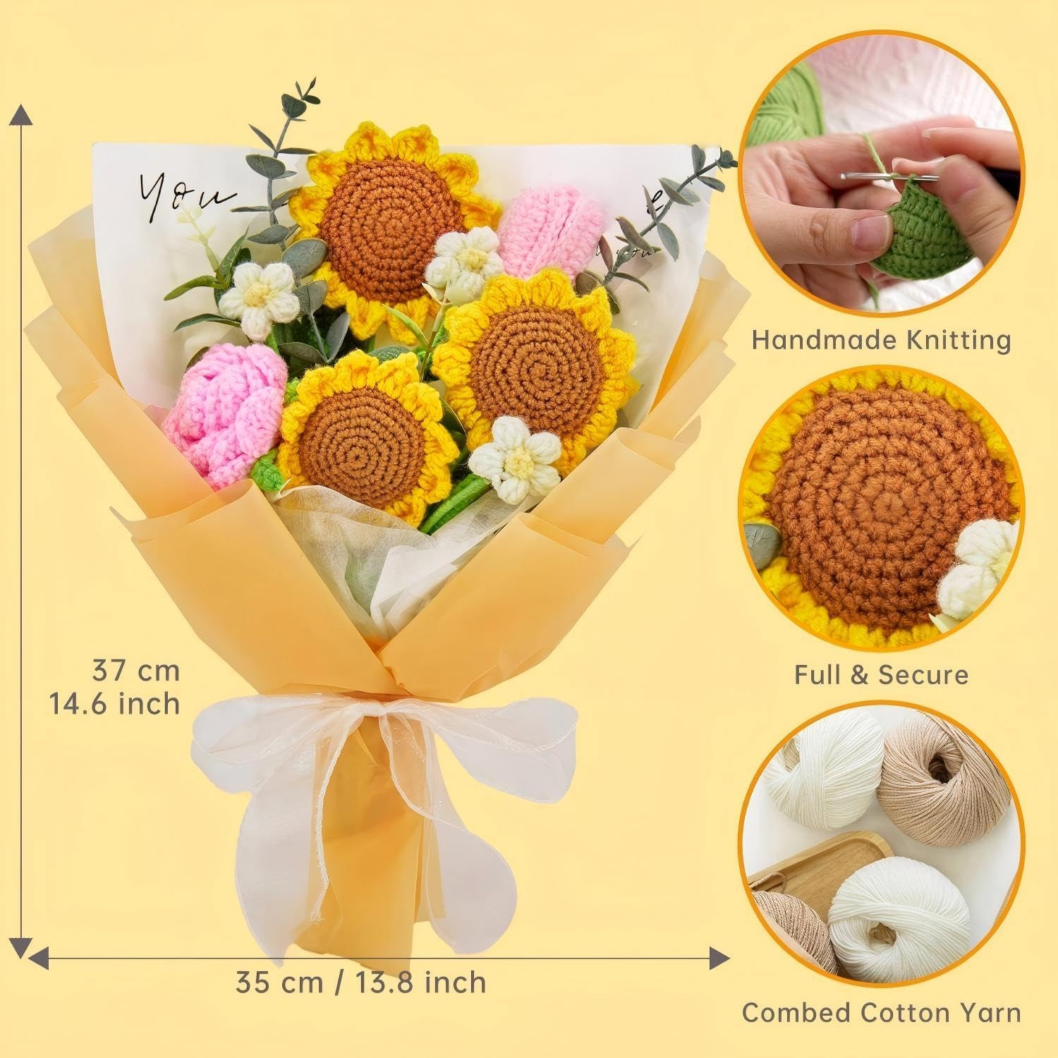 Crochet Flowers, Crochet Flower Bouquet of Sunflowers, Tulips, Roses, Daisy, Crochet Bouquet of Flowers Gifts for Thanksgiving, Christmas, Birthday with Card and Gift Bag