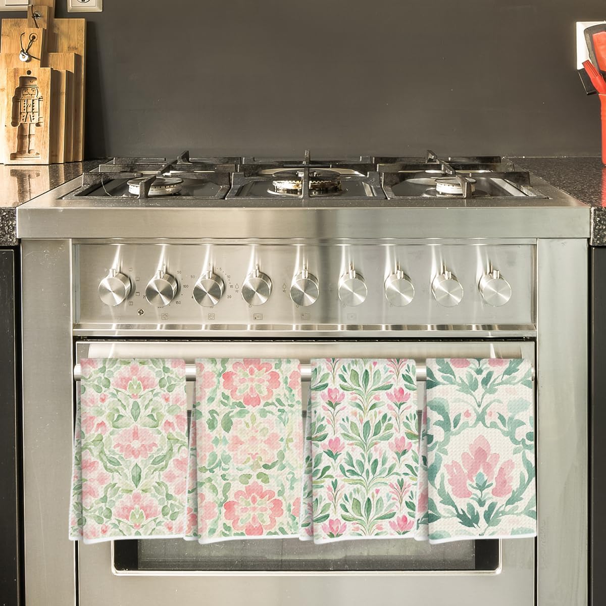 4 Pcs Watercolor Floral Kitchen Towels, Artistic Pink Green Decorative Absorbent Microfiber Dish Cloth Tea Towel, Durable Waffle Hand Towels for Farmhouse Home Bathroom, Housewarming Gifts - Image 3