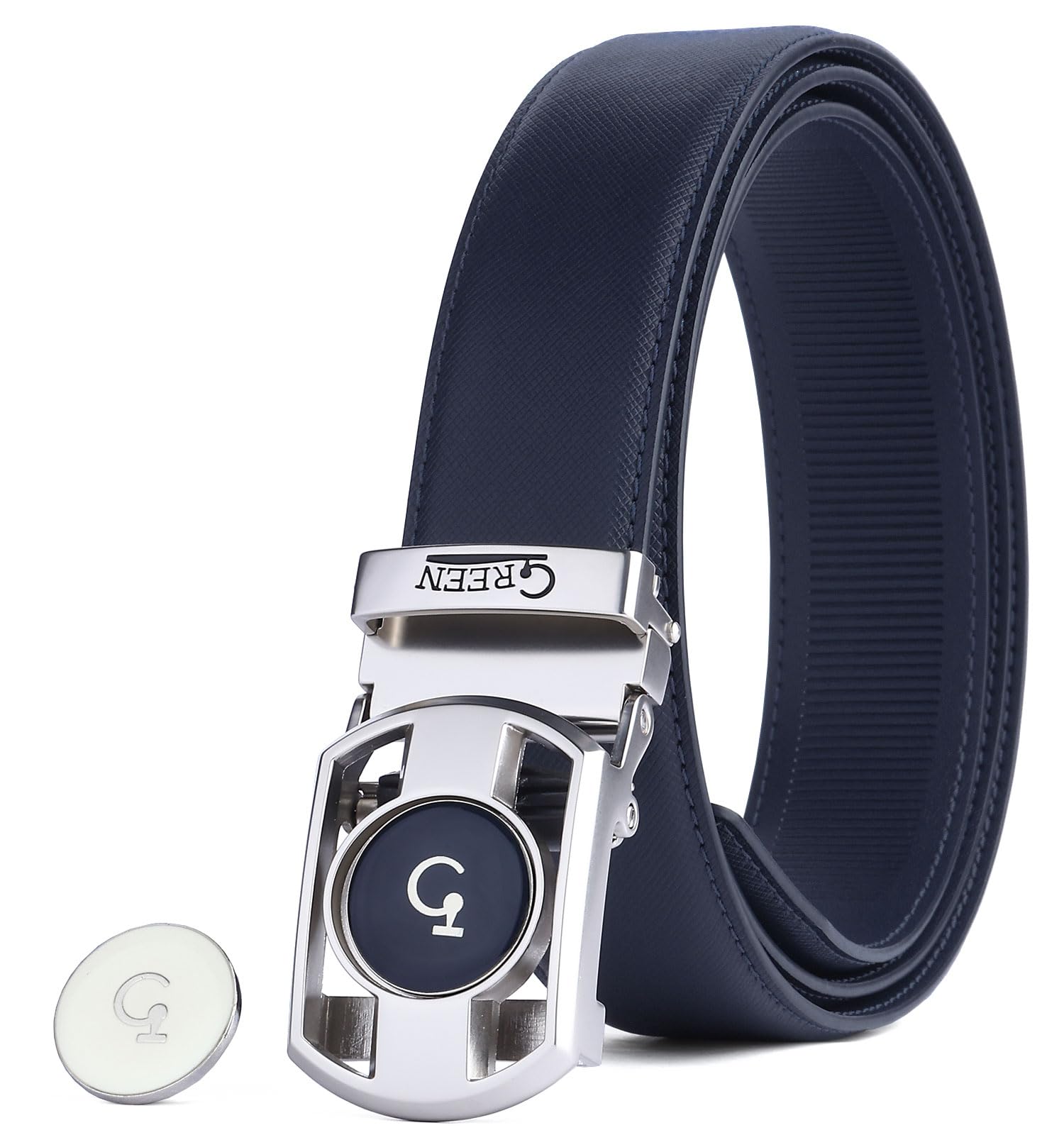 Litume Cinturón de Golf con Trinquete Green Golf, Diseño sin Agujeros con Marcador de Bola Magnético de Esmalte y Hebilla de Trinquete de Microajuste