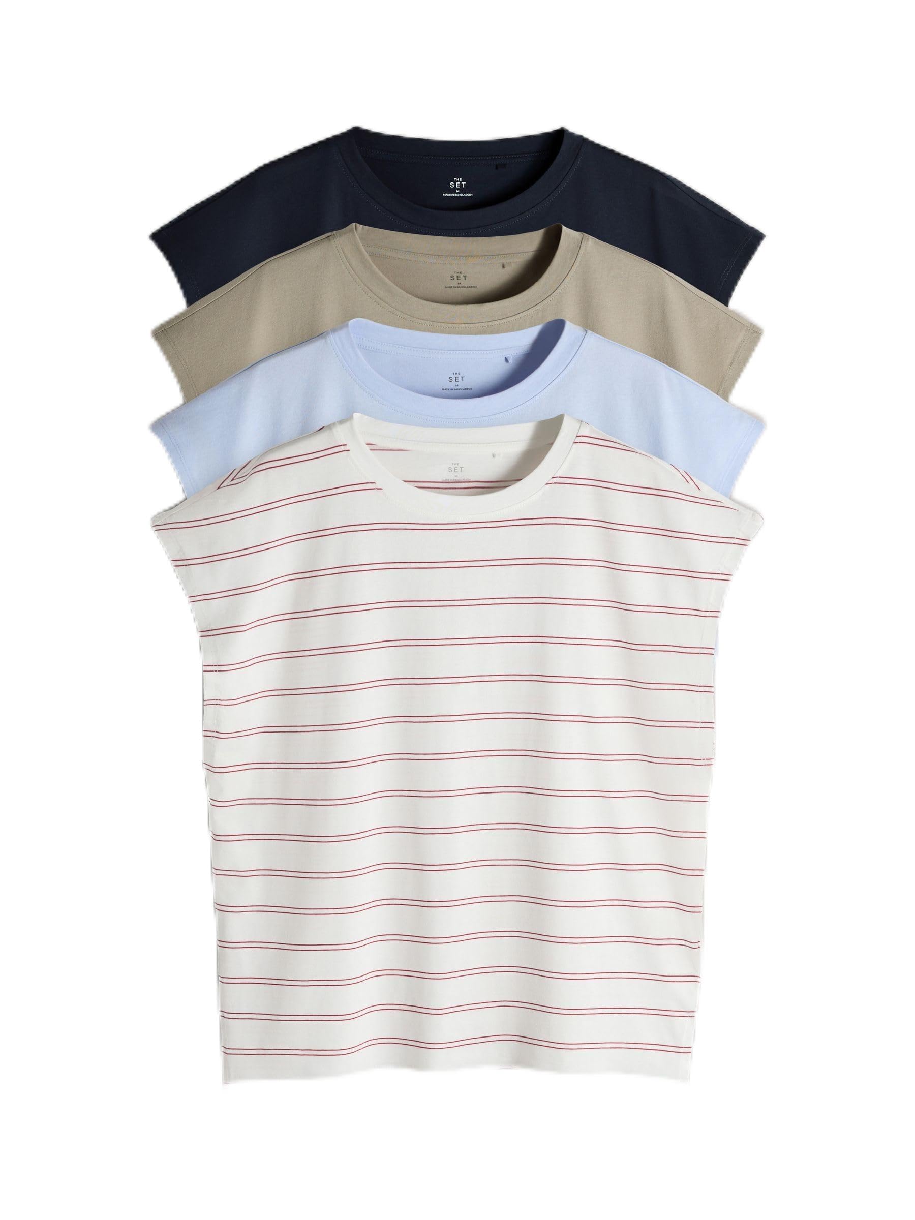 THE SET Donne Confezione da 4 T-Shirt con Maniche ad Aletta | Adulto, Standard, Pull On, 100% cotone, Lavabile in lavatrice