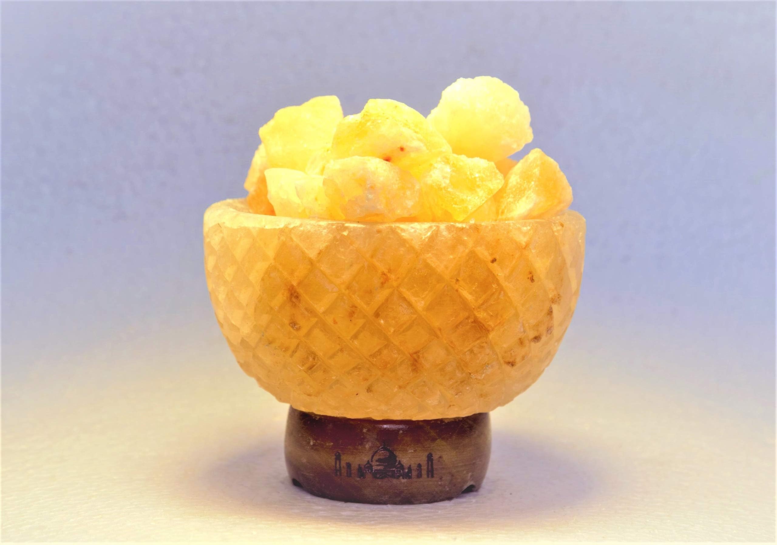 Crafted FIRE Bowl with Wooden Base Natural Himalayan Pink Salt LAMP 100% Pure & Natural Pink Rock Hand Crafted from Our Mine in The Himalayas - - Dimmer Switch & Long Lasting Bulb inc