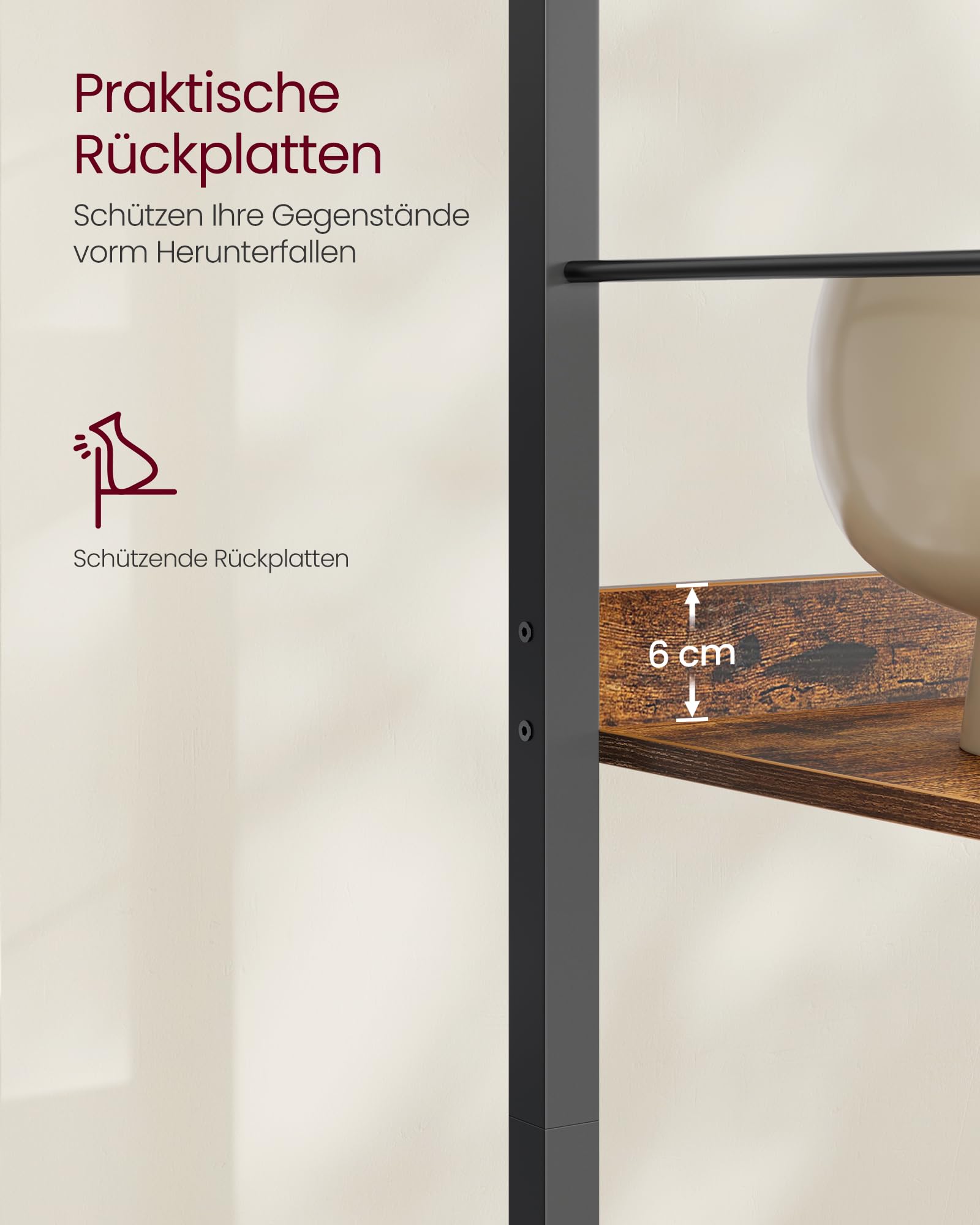 VASAGLE Bücherregal 6 Ebenen 30 x 60 x 178 cm mit Rückplatten Industrie-Design vintagebraun-tintenschwarz LLS118B01