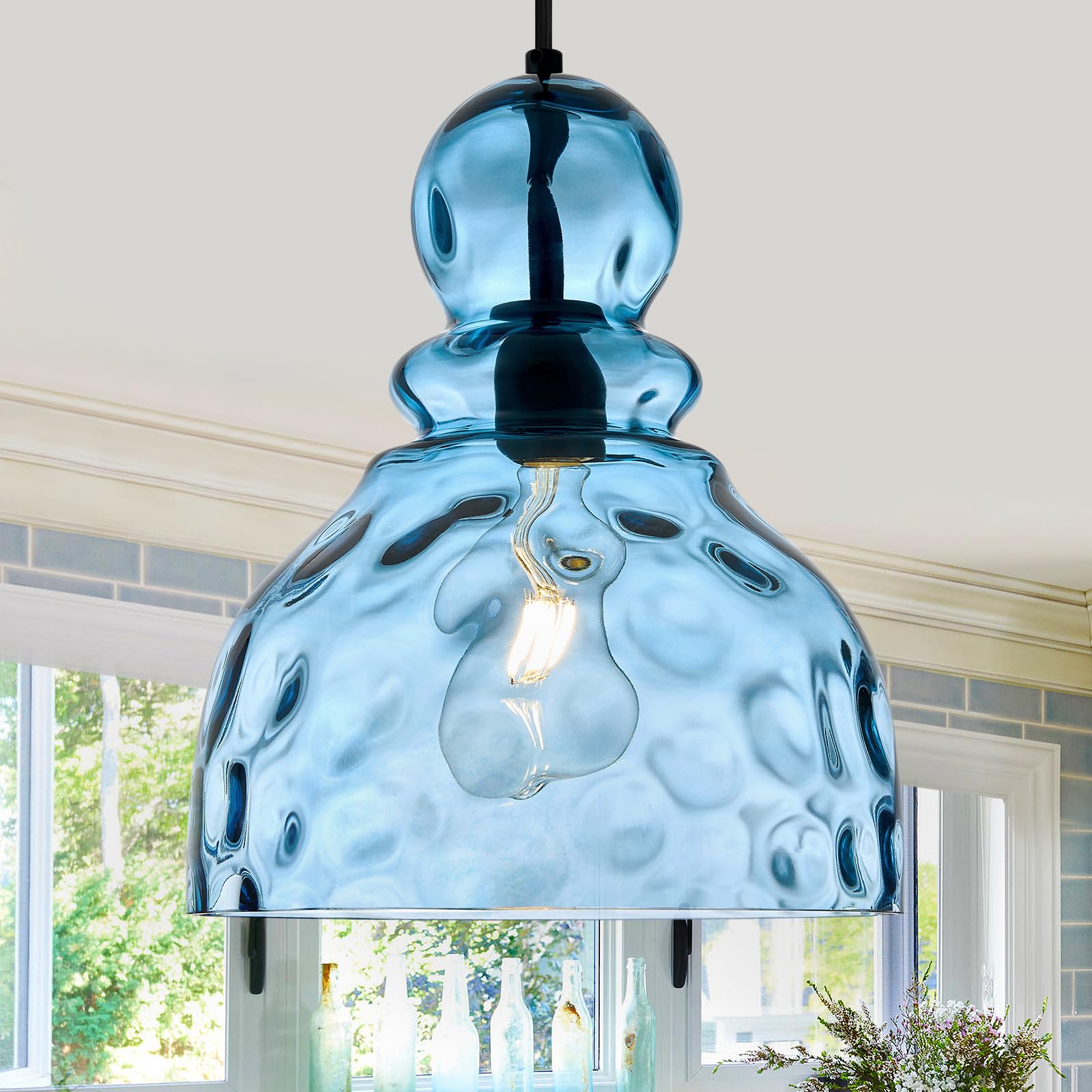 Coastal Pendant Light Blue Hammered Glass Kitchen Island Lights 10in Large Pendant Hanging Light for Dining Room Kitchen Sink Hallway Entrance, E26