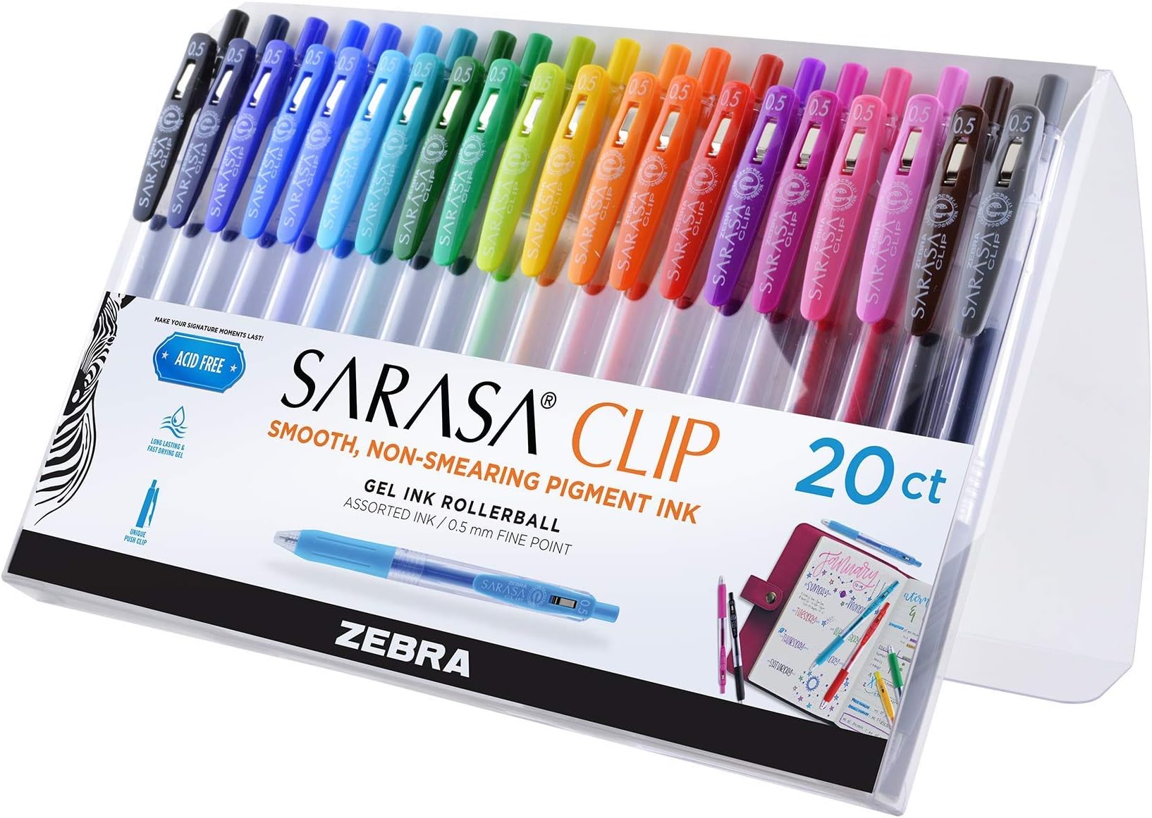 Zebra Sarasa Clip 0.5mm Fine Point Gel Ink Pens 20/Pkg-Assorted Colors -47220