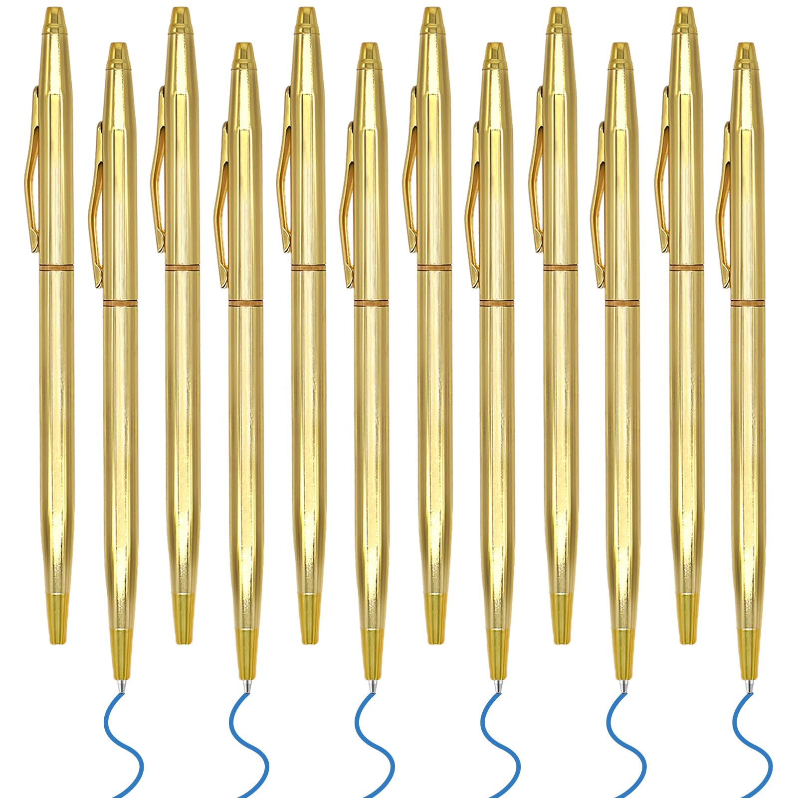 12 Pcs Blue Ink Gold Slim Ballpoint Pens 1 mm Gold Pens for Wedding Business Office Supplies(Classic Style)