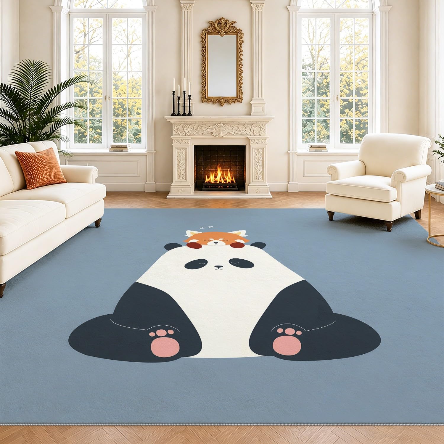 Generisch Tappeto per soggiorno lavabile, a pelo corto, antiscivolo, accogliente con panda e orsacchiotto, per soggiorno, camera da letto, cameretta dei bambini, 80 x 120 cm, blu