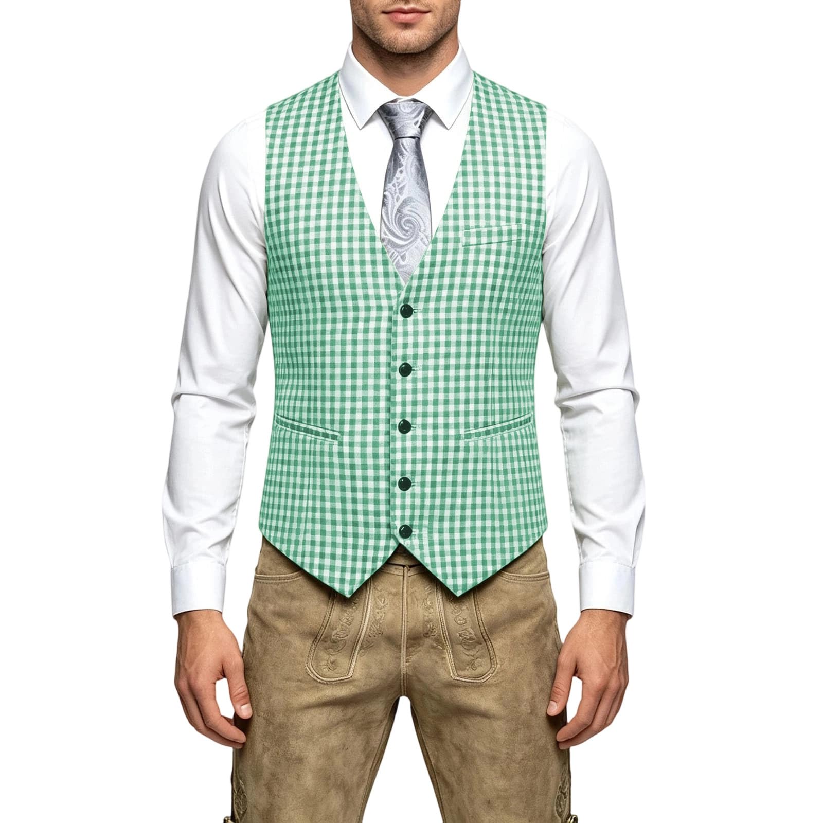 Gilet da uomo a quadretti, con scollo a V, per Oktoberfest | Tessuto twill leggero con classico motivo a quadri, versatile da abbinare con camicie, per Oktoberfest, matrimoni e feste