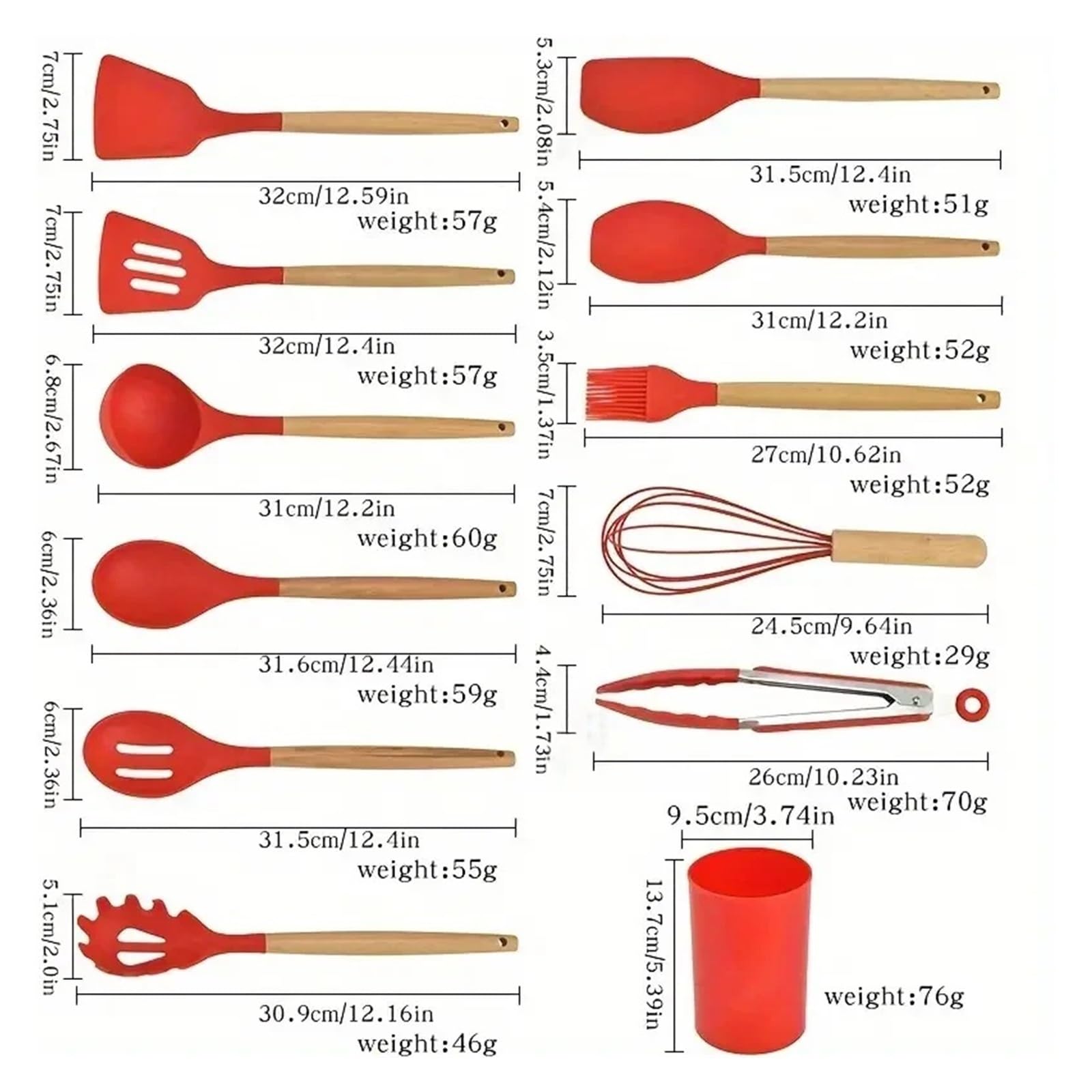 Mehrfarbiges Silikon-Küchenutensilien-Set, 12-teilig, antihaftbeschichtet, hitzebeständig, mit Holzgriffen, inklusive Spatel und Löffel