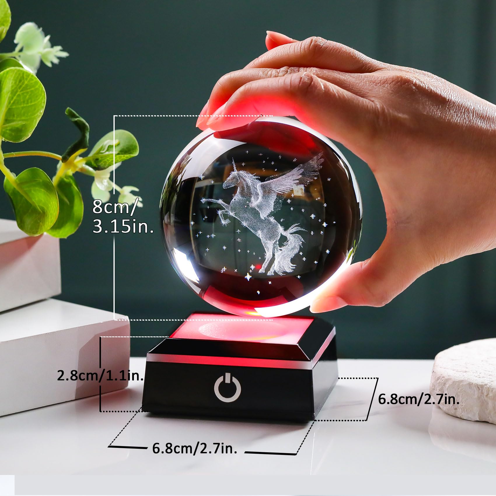 Boule à neige licorne 3D en cristal pour femme, décoration de nuit licorne gravée au laser pour chambre de fille, adulte ou fille