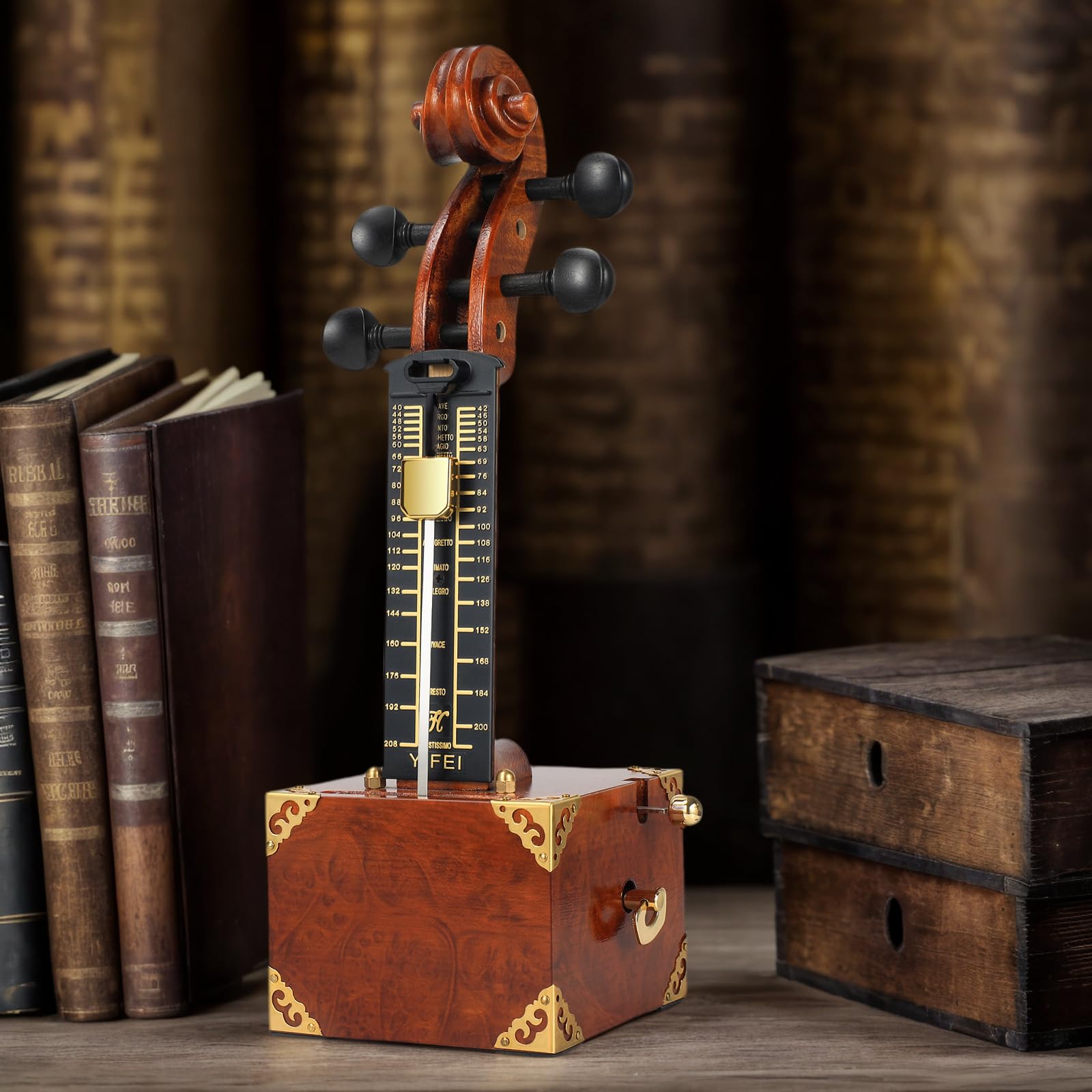 Metrónomo de madera maciza hecho a mano, diseño clásico inspirado en violín con detalles dorados, movimiento mecánico de precisión y acabado de lujo para hacer violín, hecho a mano para músicos