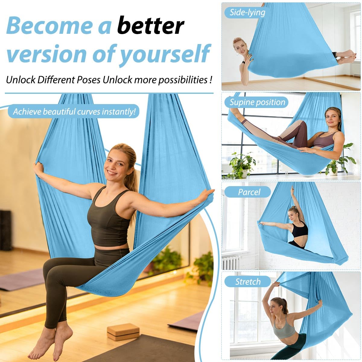 Amaca e Altalena per Yoga Aerea, 150x280 cm Amaca Fitness Portatile, Carico 200 kg, Yoga Amaca Antigravity con Accessori per Yoga, Aerial Yoga Hammock per Bodybuilding Fitness di Tutti, Blu