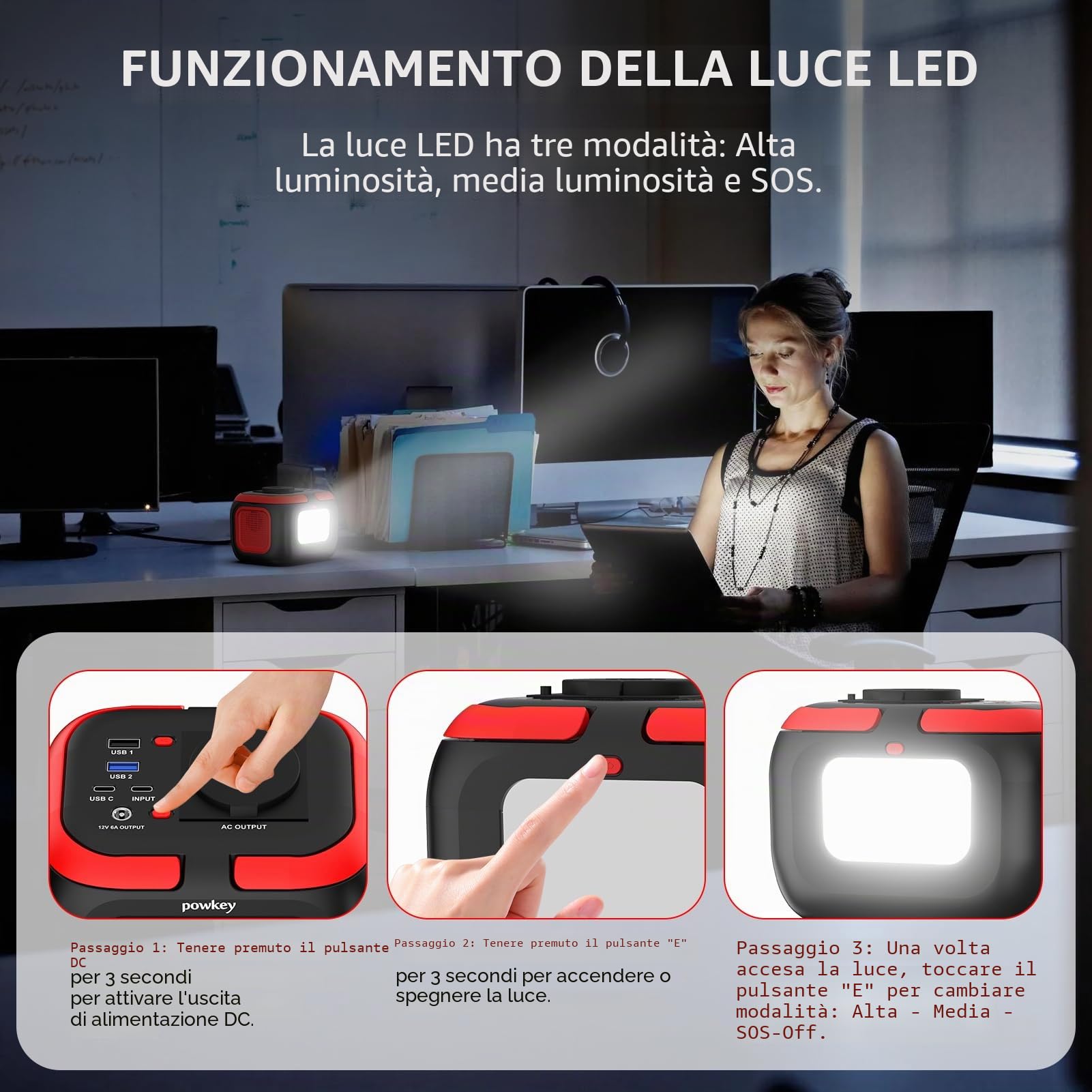 Powkey Power station portatile 26400 mAh/97,68 Wh, power bank con presa 120 W 230 V AC uscita 12 V 6 A DC, gruppo elettrogeno di emergenza con LED e SOS, generatore solare per campeggio, viaggi