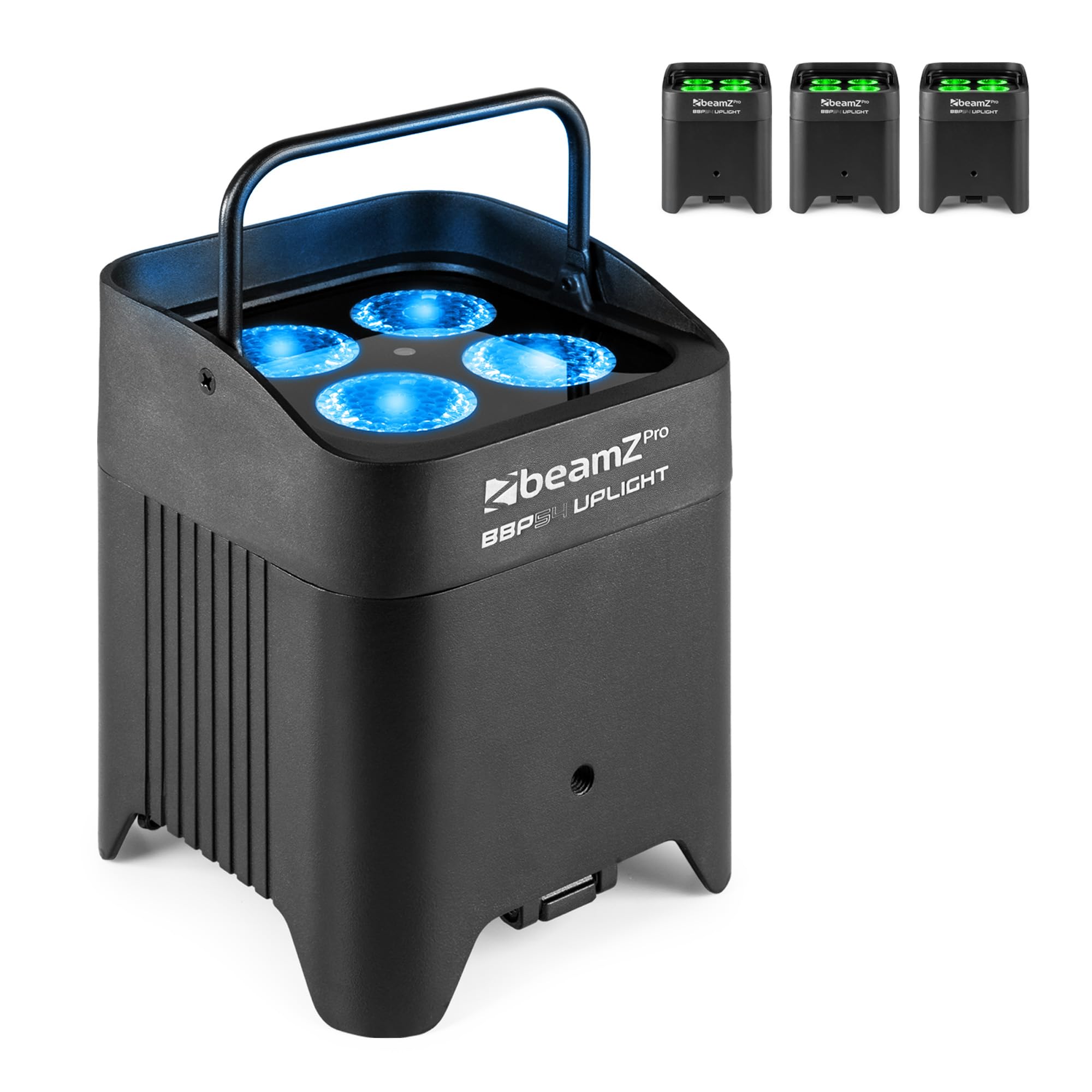 BeamZ Professional BBP54 Uplight 4er Set, Akku LED Strahler 4x12 Watt, DMX, IP65, RGBAW-UV Schwarzlicht, 15h Akkulaufzeit, Akku tauschbar - Schwarz