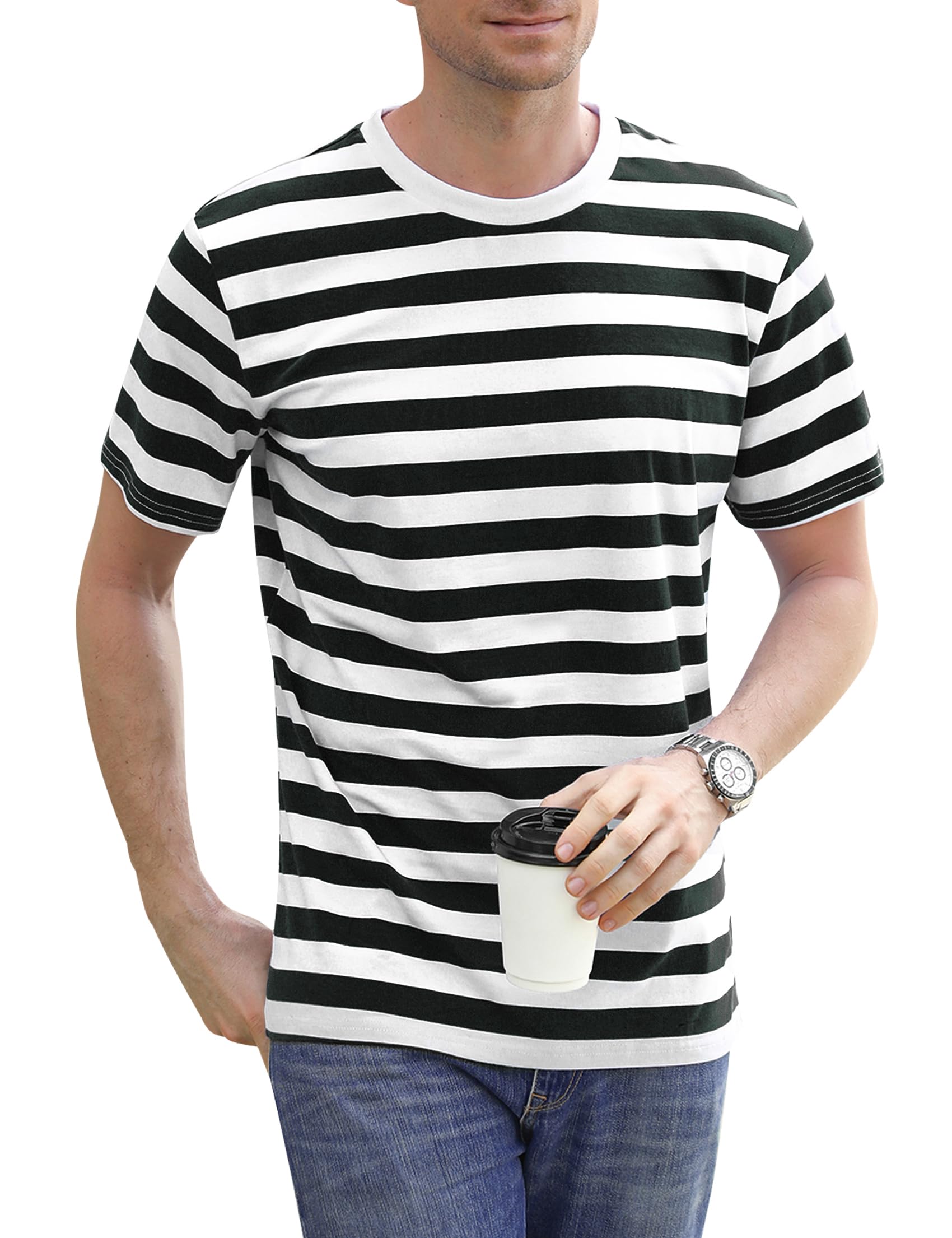 Sykooria Round Neck Pinstripe Striped T-Shirt for Black&White Thin Stripes Casual Short Sleeve Tops for Men, Black/White Thin Stripes XXL