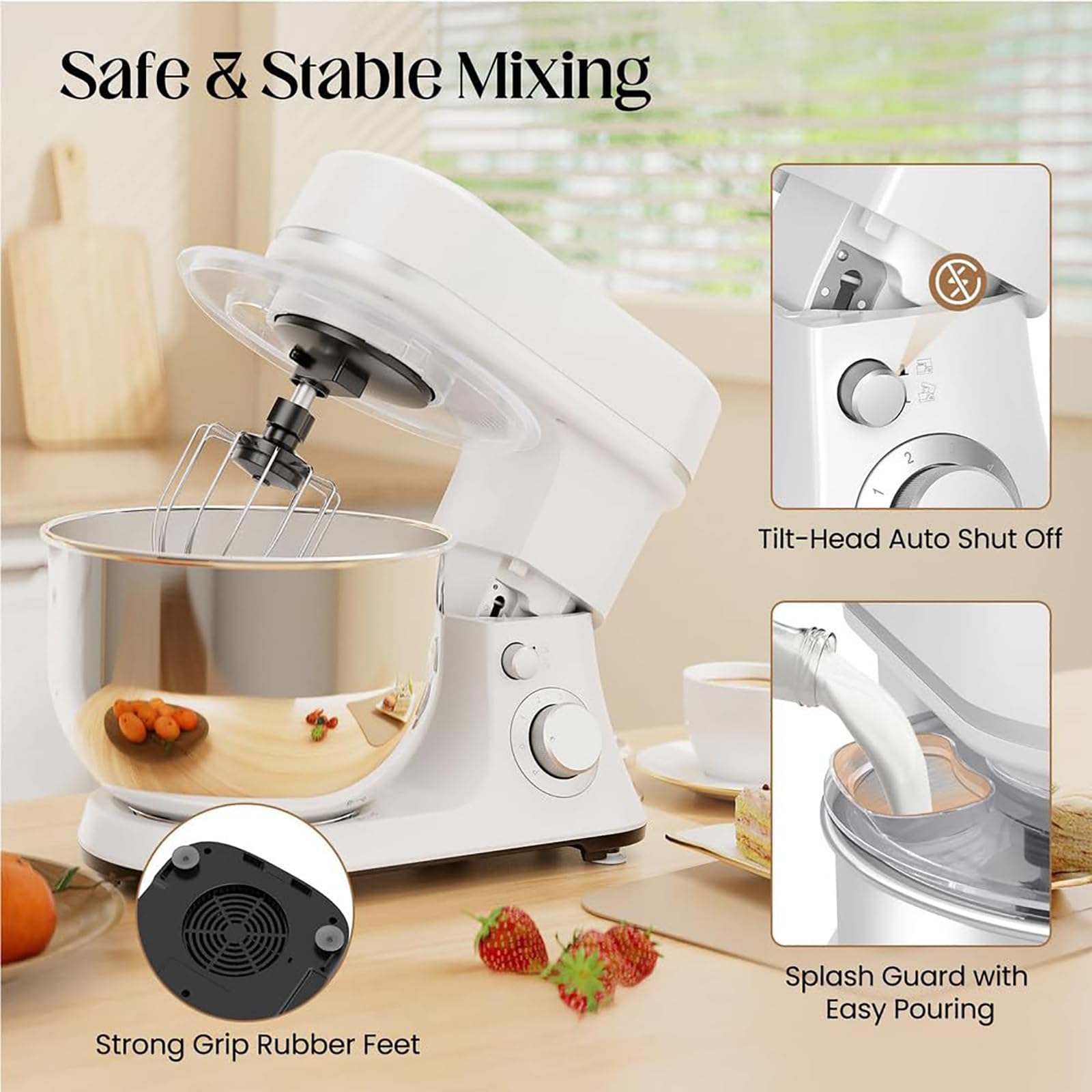 Mikser stojący 600 W, blender do ciasta 3 l, 6+P Speed ​​mikser elektryczny, mikser do żywności, blender do ciasta z misą ze stali nierdzewnej, hakiem do wyrabiania ciasta, ubijaczką, trzepaczką