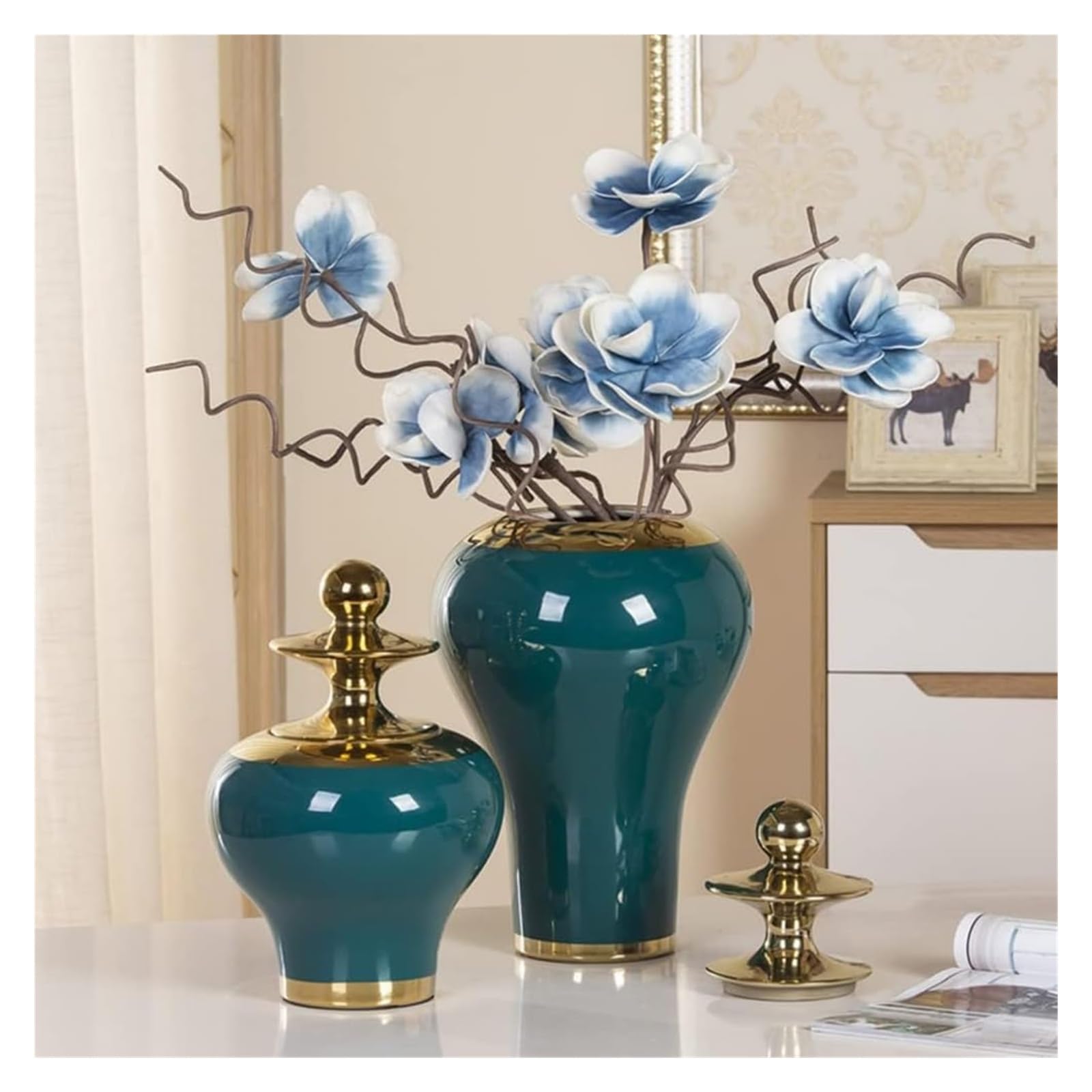 Wazon w kolorze zielonym, ceramiczny słoik na imbir, wazony ze złotym wykończeniem, porcelanowy słoik do przechowywania, wazon, słoiki świątynne z pokrywką, pojemniki na środek stołu, ozdoba, kom