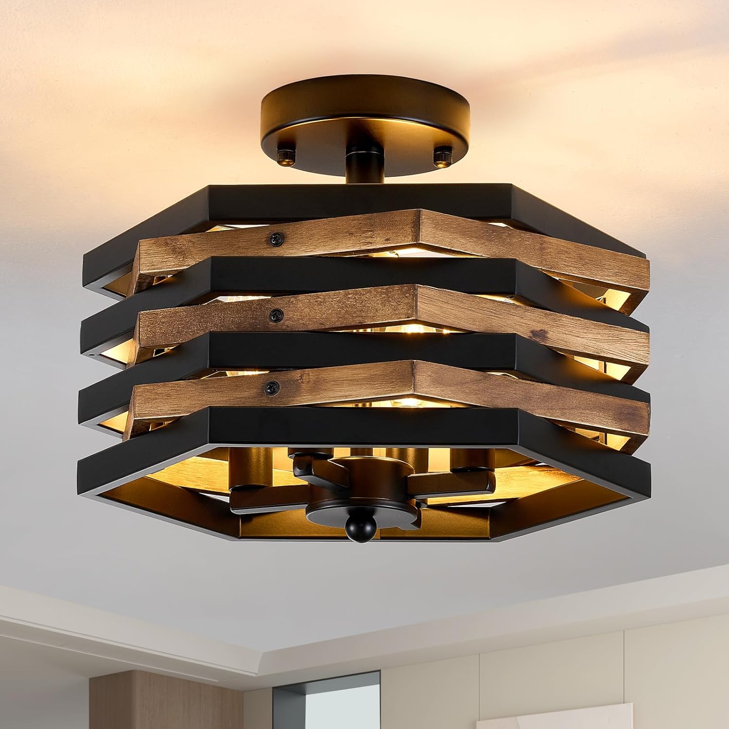 SGLfarmty Farmhouse Rustic Wood Flush Mount Ceiling Light, 4-Light Rustic Semi Flush Light with Hexagon Wood, Unique Bedroom Ceiling Light Fixtures