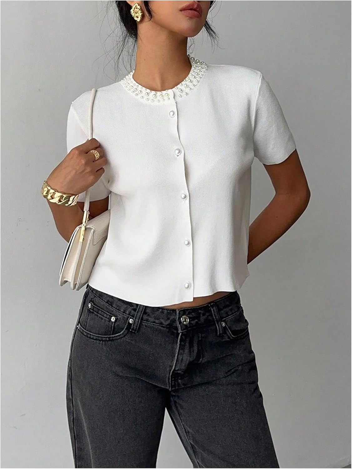 Floerns Women's Elegant Pearl Beaded Cardigan Sweater Short Sleeve Button Knit Pullover - Image 5