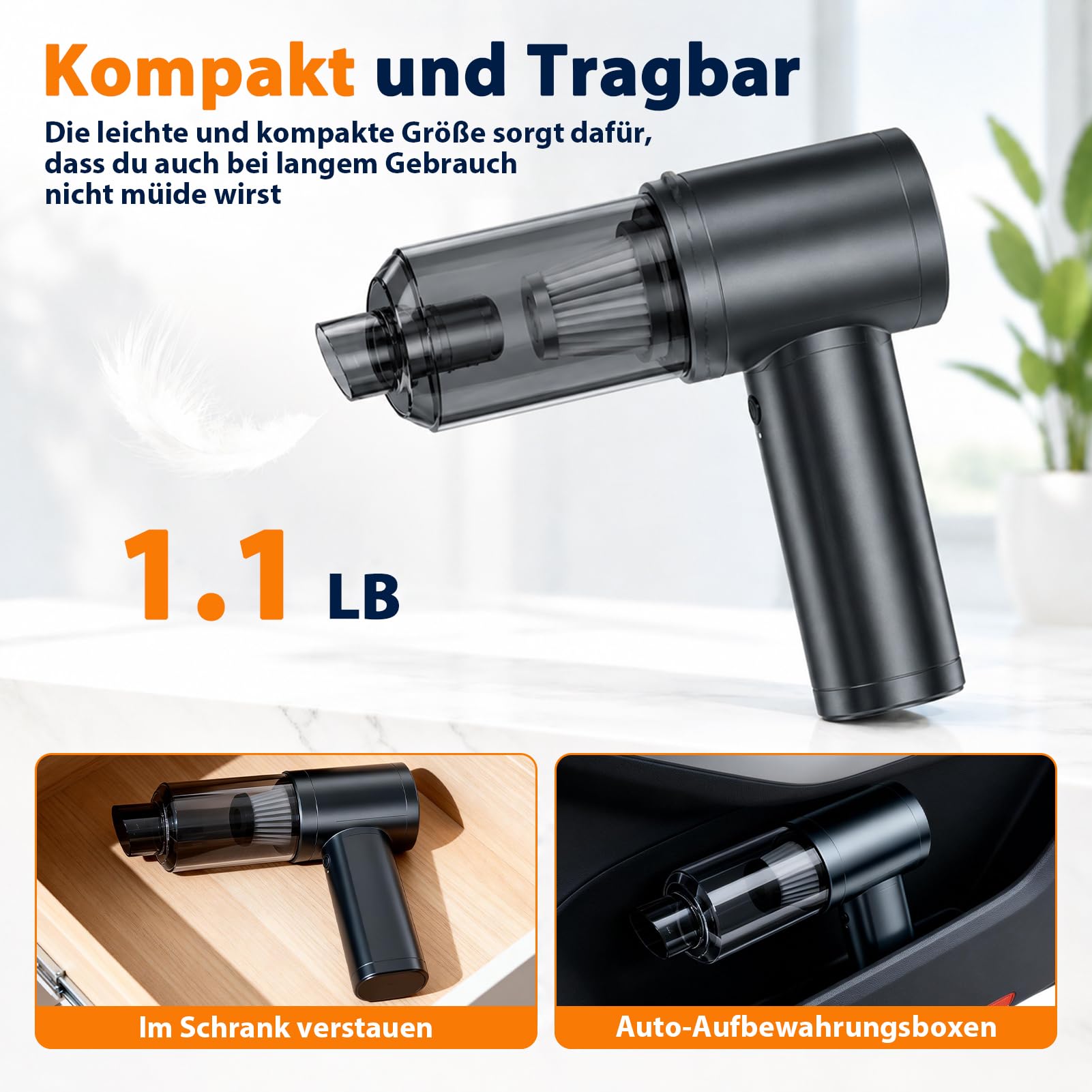 Handstaubsauger Akku Kabellos 30kPa - Mini Auto Staubsauger mit Bürstenloser Motor Stark Autostaubsauger Handsauger für Autos, Büros, Schlafzimmer, Küche, Wohnzimmer Haus& Tierhaar Reinigung