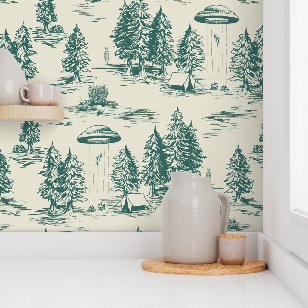 Spoonflower Peel & Stick Wallpaper 9ft x 2ft - UFO Alien Abduction Teal Novelty Funny Toile Large Scale Custom Removable Wallpaper